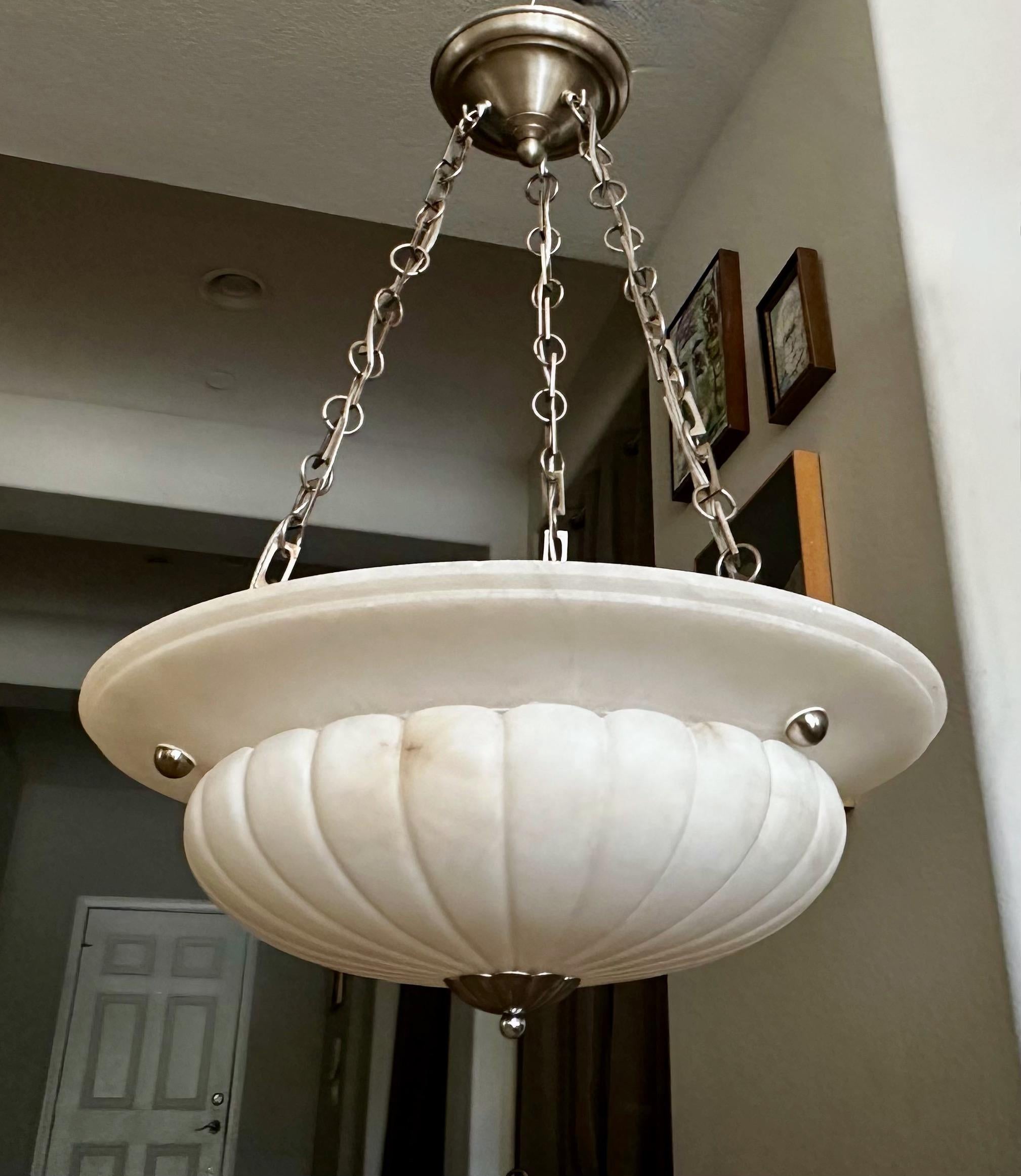  French Alabaster Nickel Chandelier Pendant Light In Good Condition For Sale In Palm Springs, CA