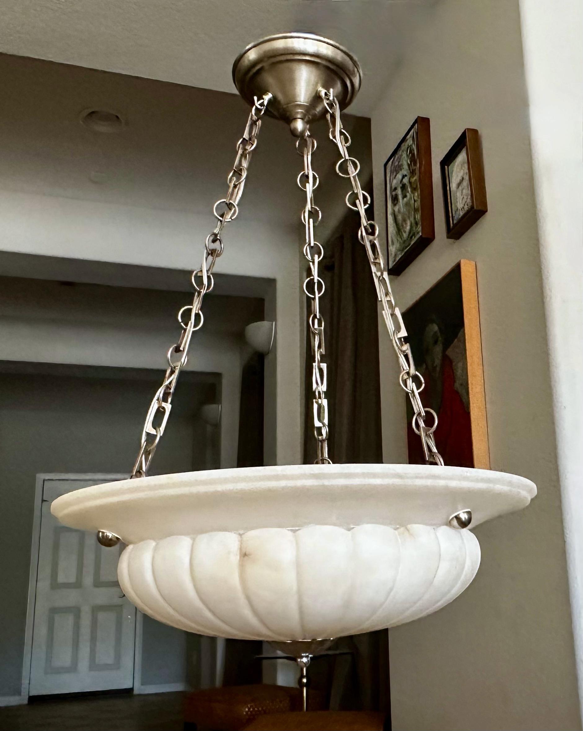 Mid-20th Century  French Alabaster Nickel Chandelier Pendant Light For Sale