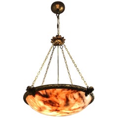 French Alabaster Pendant with Gilt Bronze Cherubs and Frame on Brass Chains