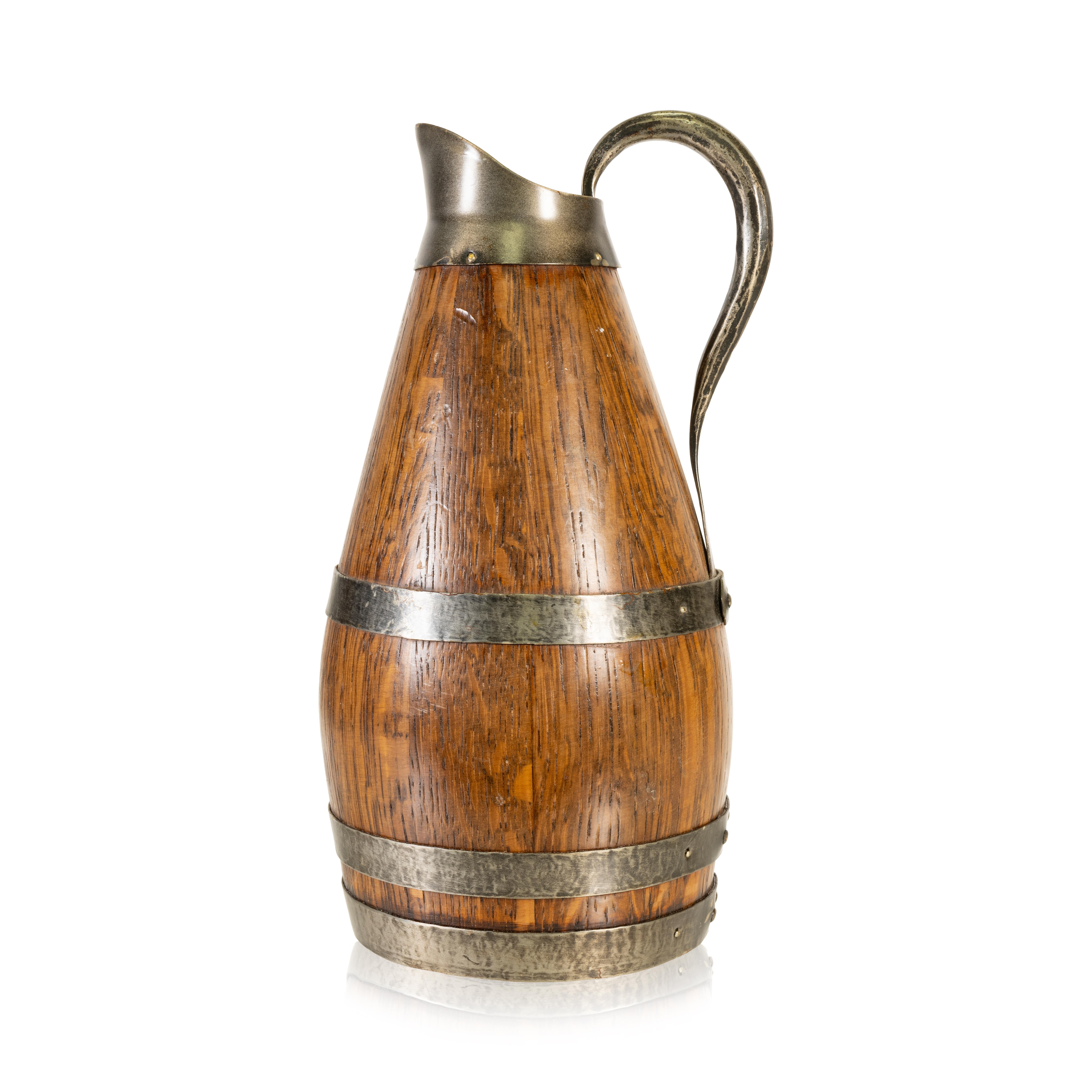 French alascian wine pitcher. Oak with hammered nickel banding. A great barware piece!

Period: Early 20th Century
Origin: France
Size: 10