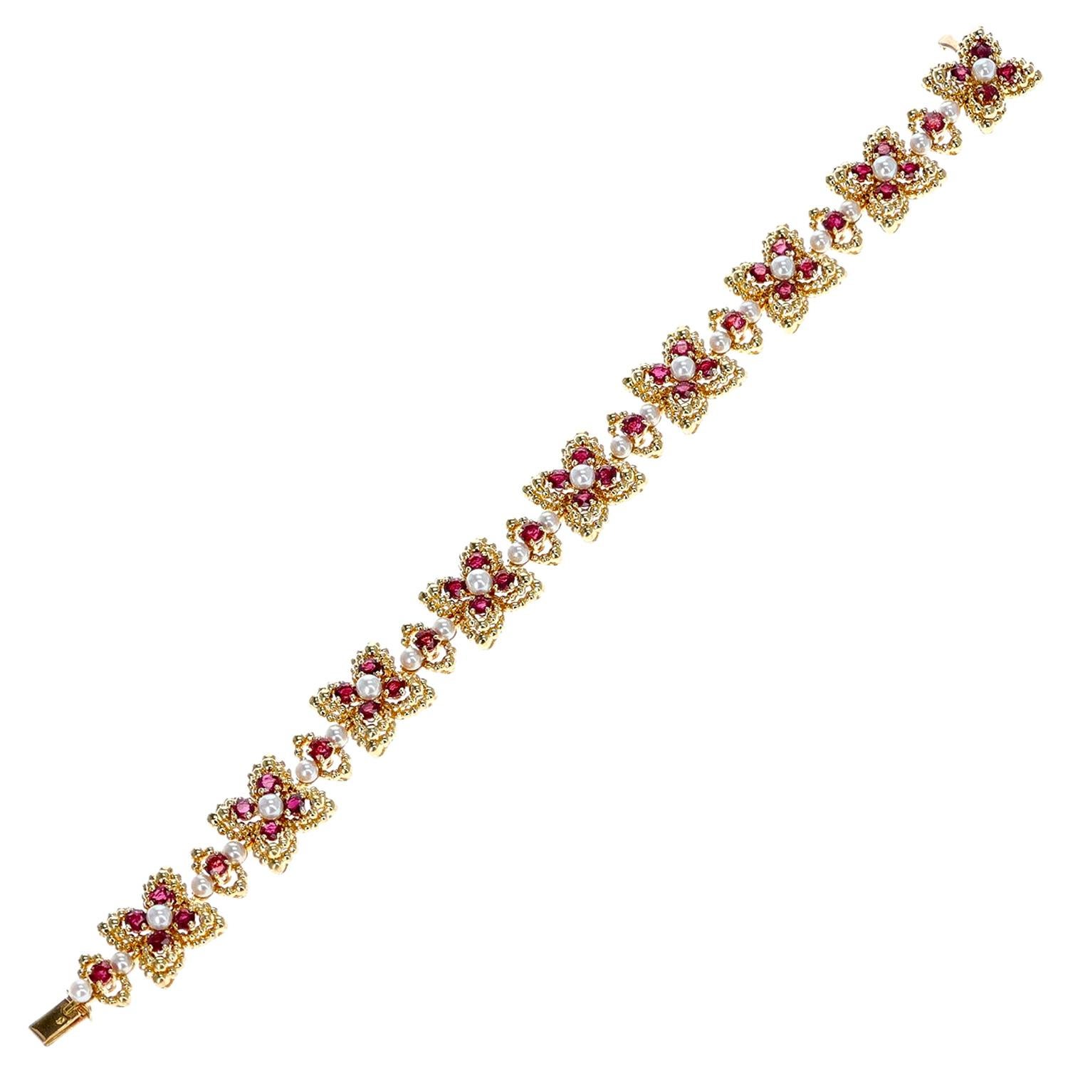 French Alexandre Reza 7.41 Ct. Ruby and Pearl Bracelet with French Marks, 18K