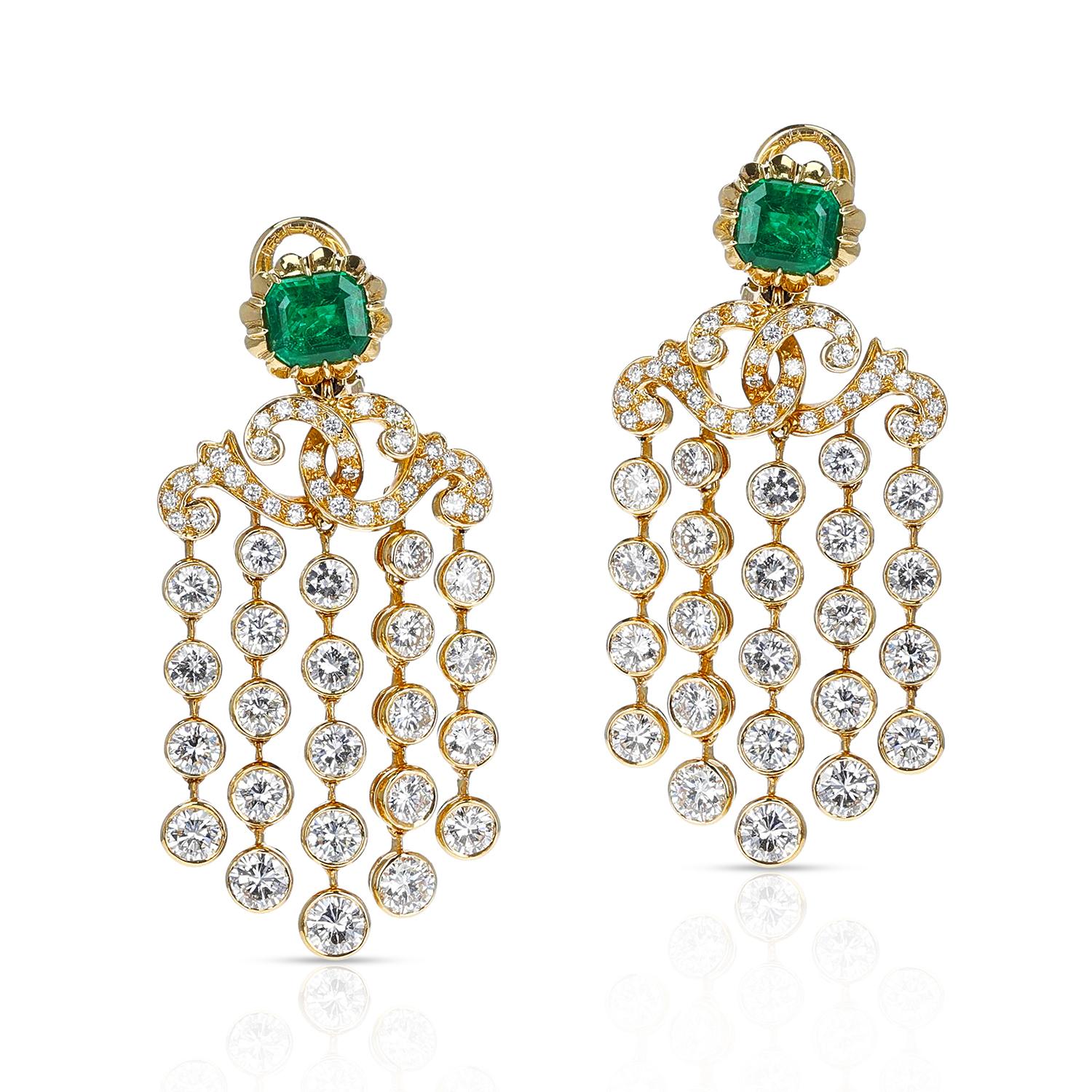 Emerald Cut French Alexandre Reza Emerald and Diamond Cocktail Dangling Earrings, 18K Gold For Sale