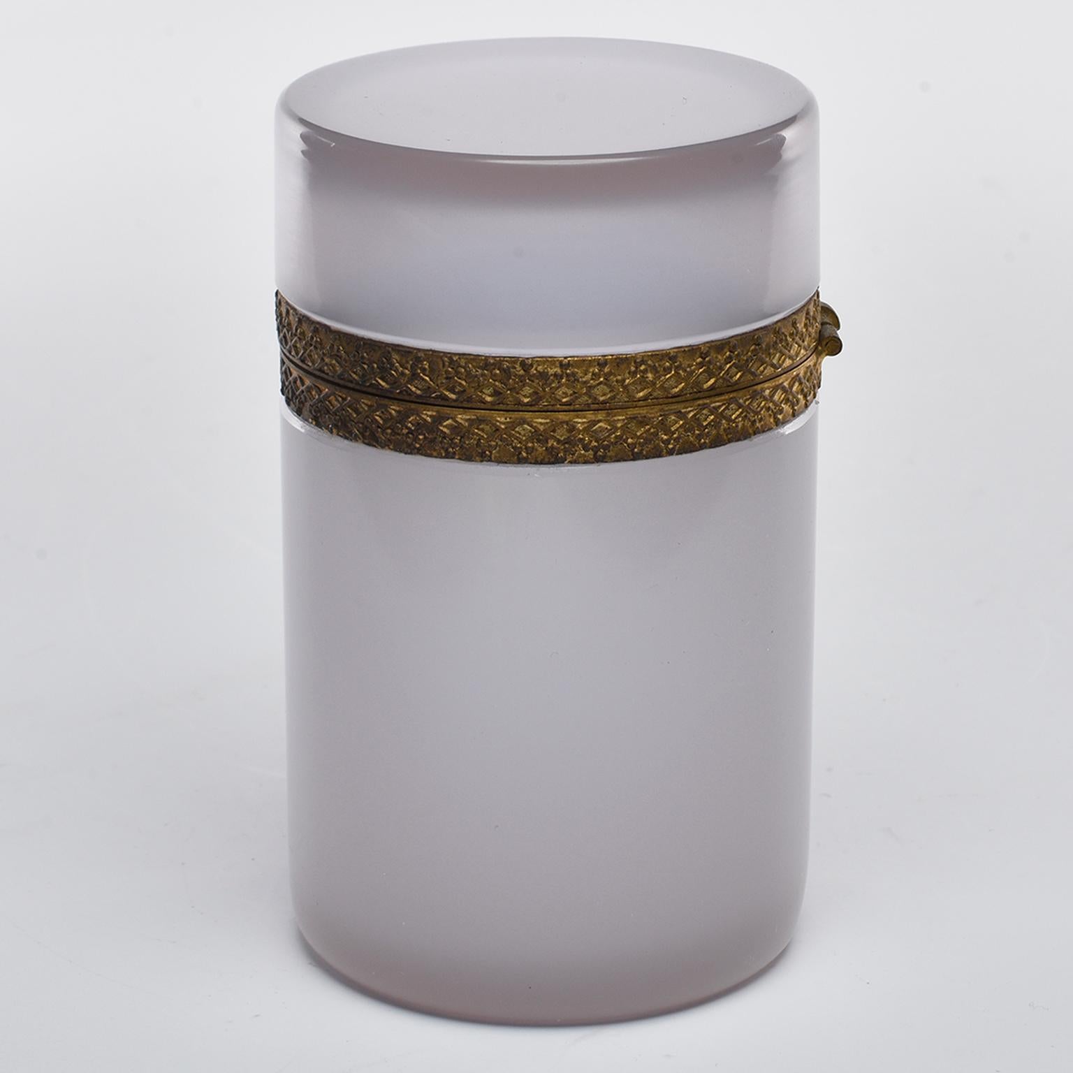 French alexandrite opaline glass hinged cylindrical box with fancy brass trim, circa 1920s. Unknown maker. Excellent vintage condition with no flaws found.