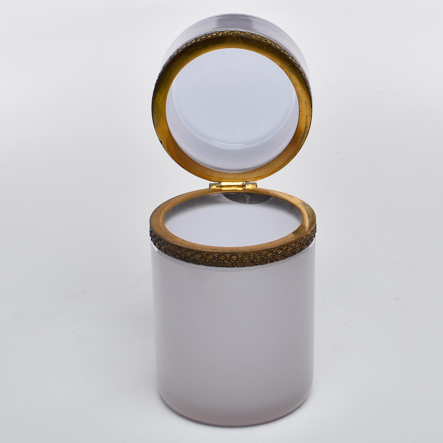 20th Century French Alexandrite Opaline Glass Cylindrical Box with Brass Mounts