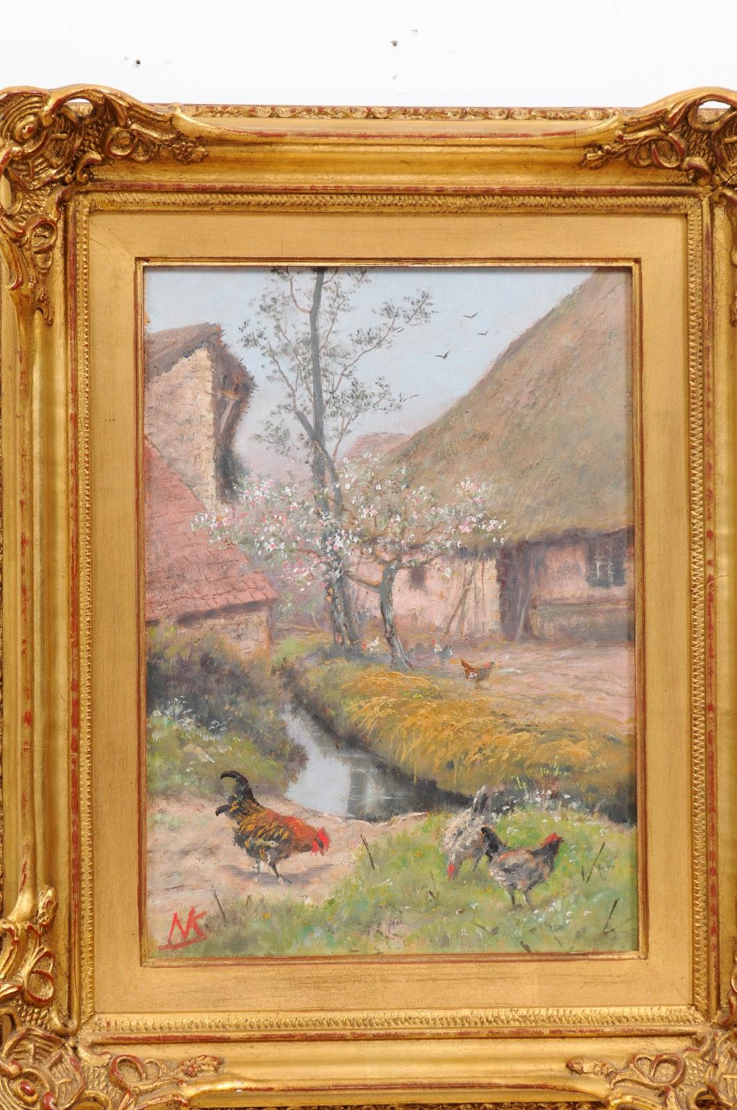 French Alfred de Knyff Early 19th Century Farm Painting with Roosters and Hens 5