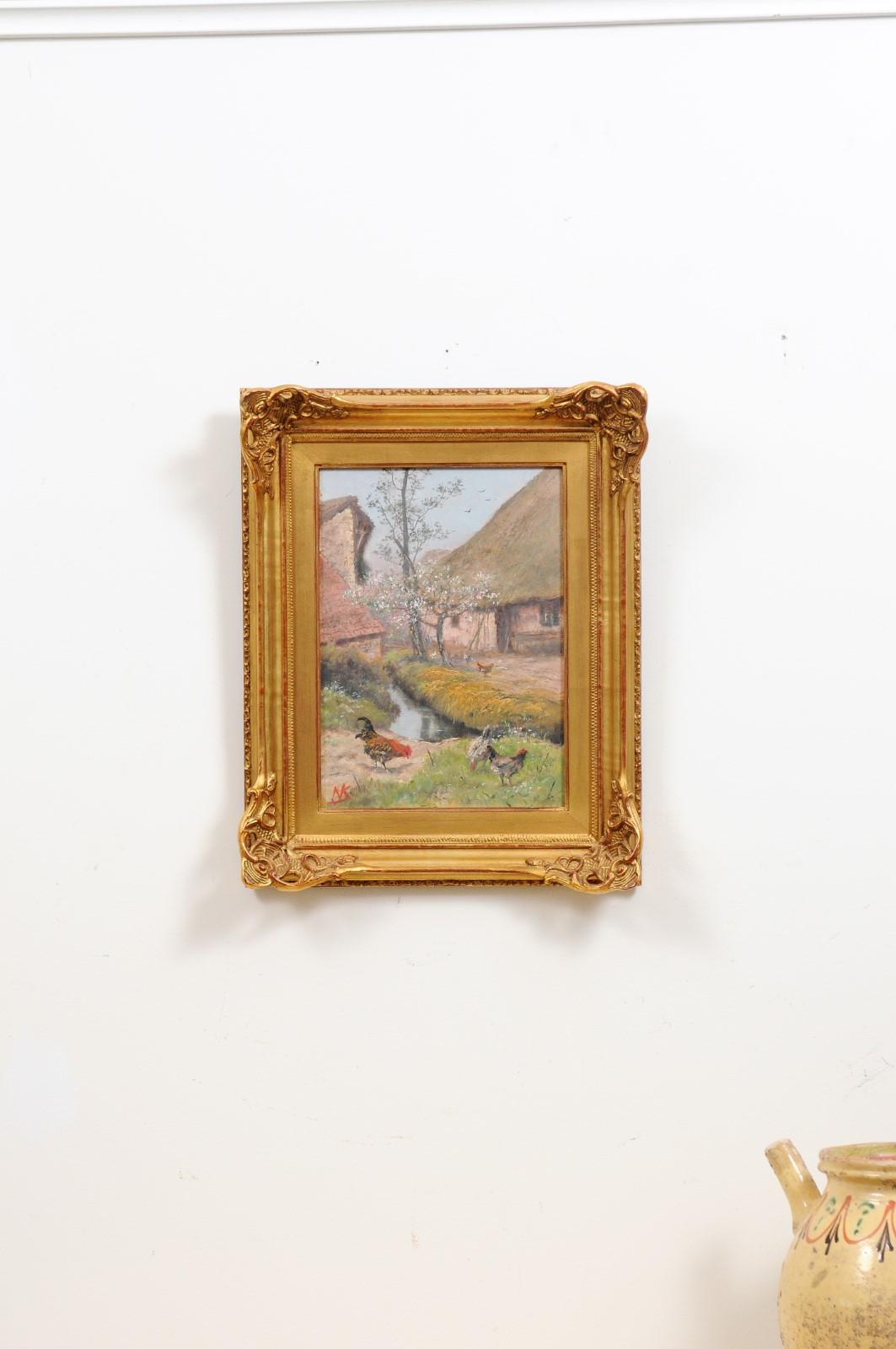 A French framed farmyard painting from the early 19th century, with roosters and chickens, signed Alfred de Knyff, (1819-1885). Created in France during the early years of the 19th century, this framed painting charms us with its humble subject and