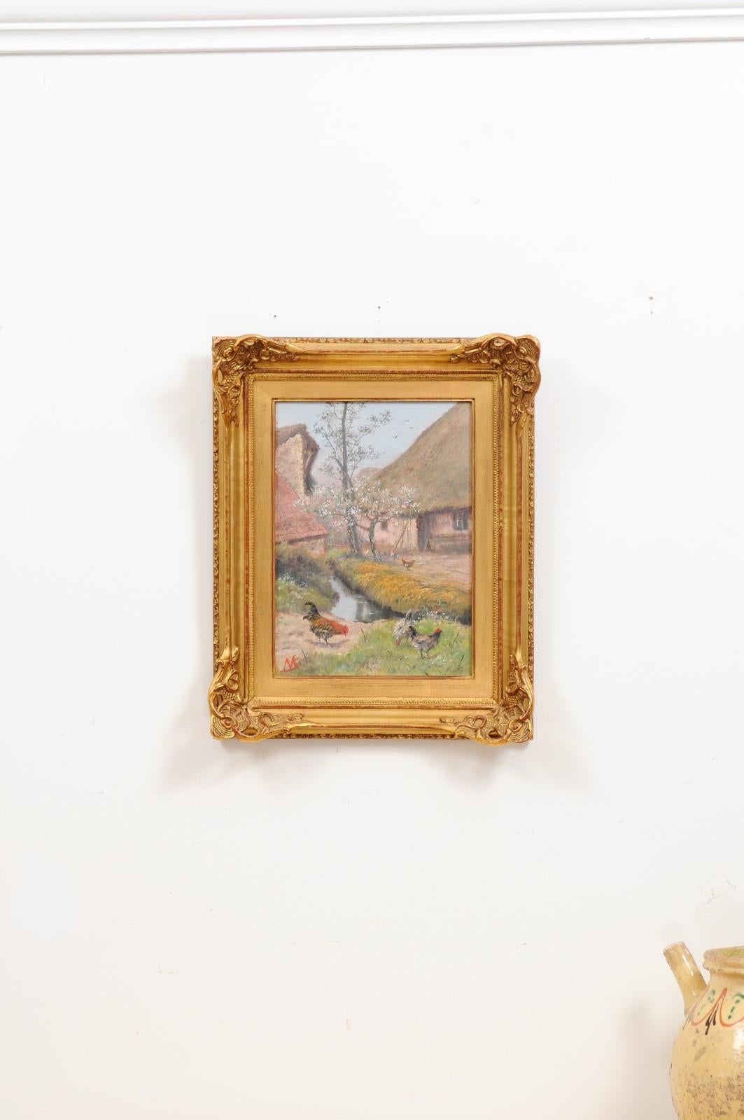 French Alfred de Knyff Early 19th Century Farm Painting with Roosters and Hens In Good Condition In Atlanta, GA