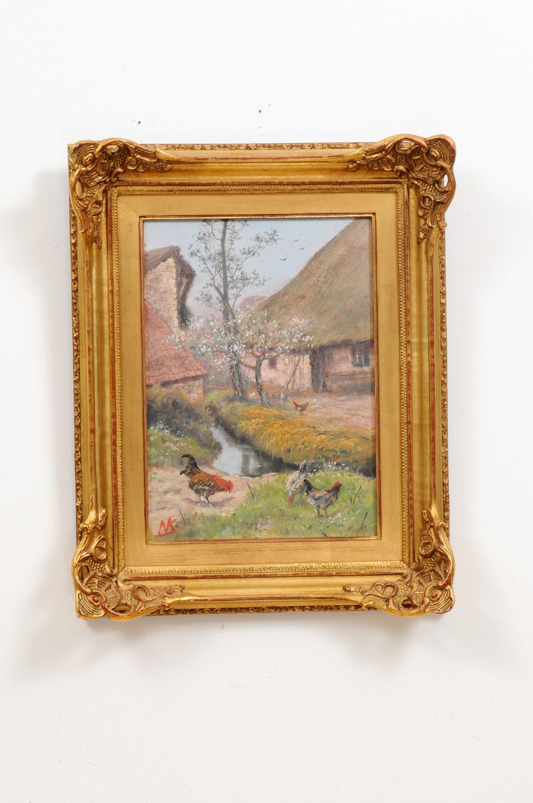French Alfred de Knyff Early 19th Century Farm Painting with Roosters and Hens 1