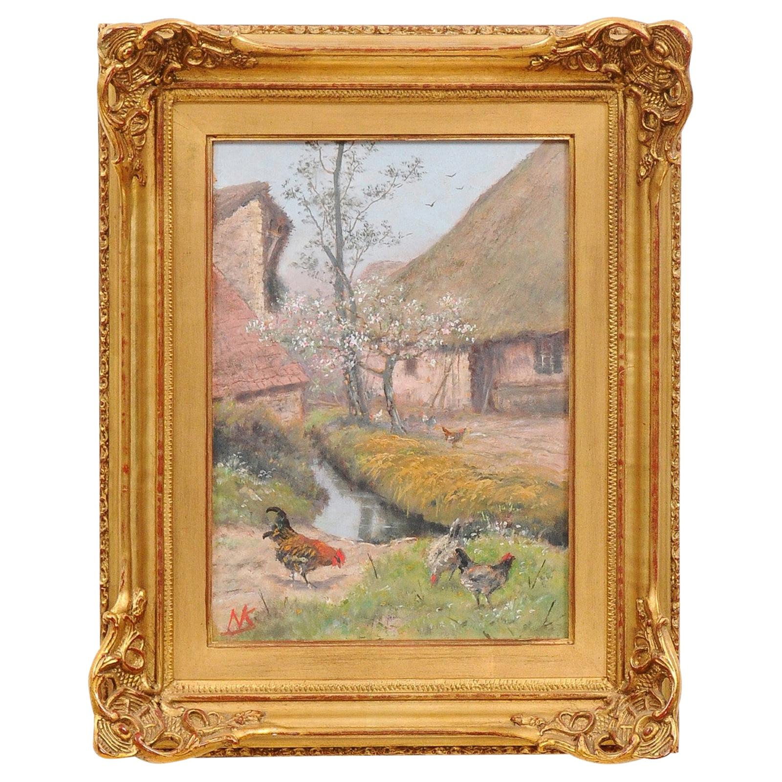 French Alfred de Knyff Early 19th Century Farm Painting with Roosters and Hens