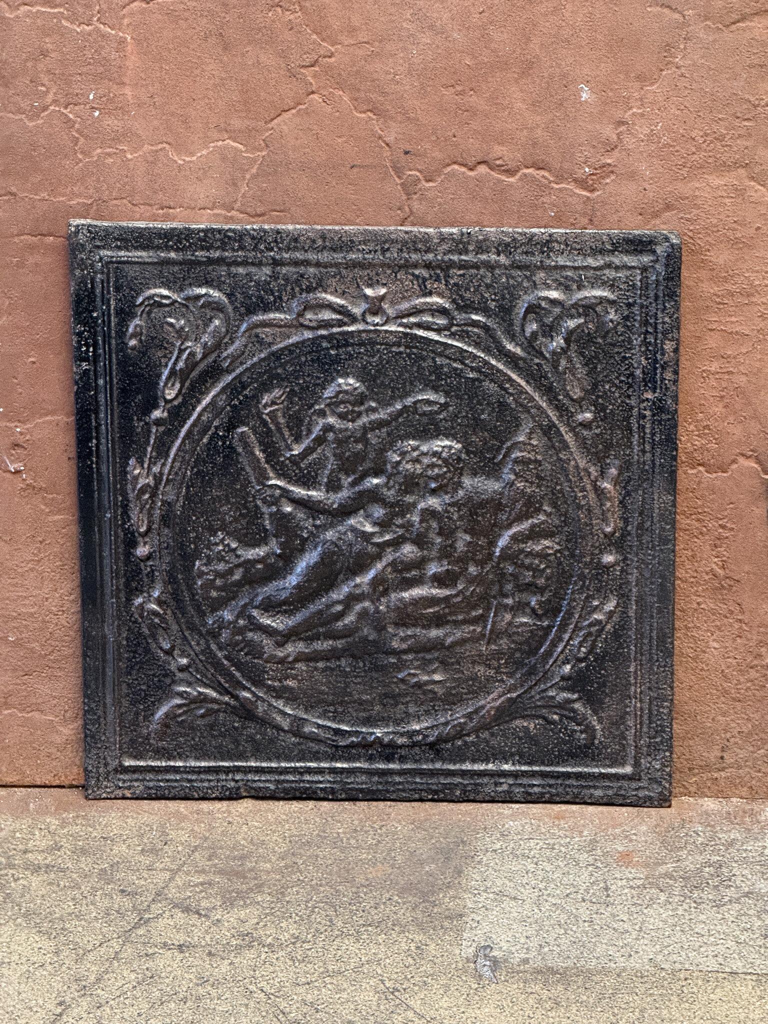 French 'Allegory of Love' Fireback / Backsplash, 19th Century, Victorian Period, France. 

The fireback is made of cast iron and has a black/pewter patina. The fireback is in good condition and does not have cracks.