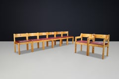 French Alpine Chalet Dining Chairs in Solid Pine with Red Leather Seats 1970s