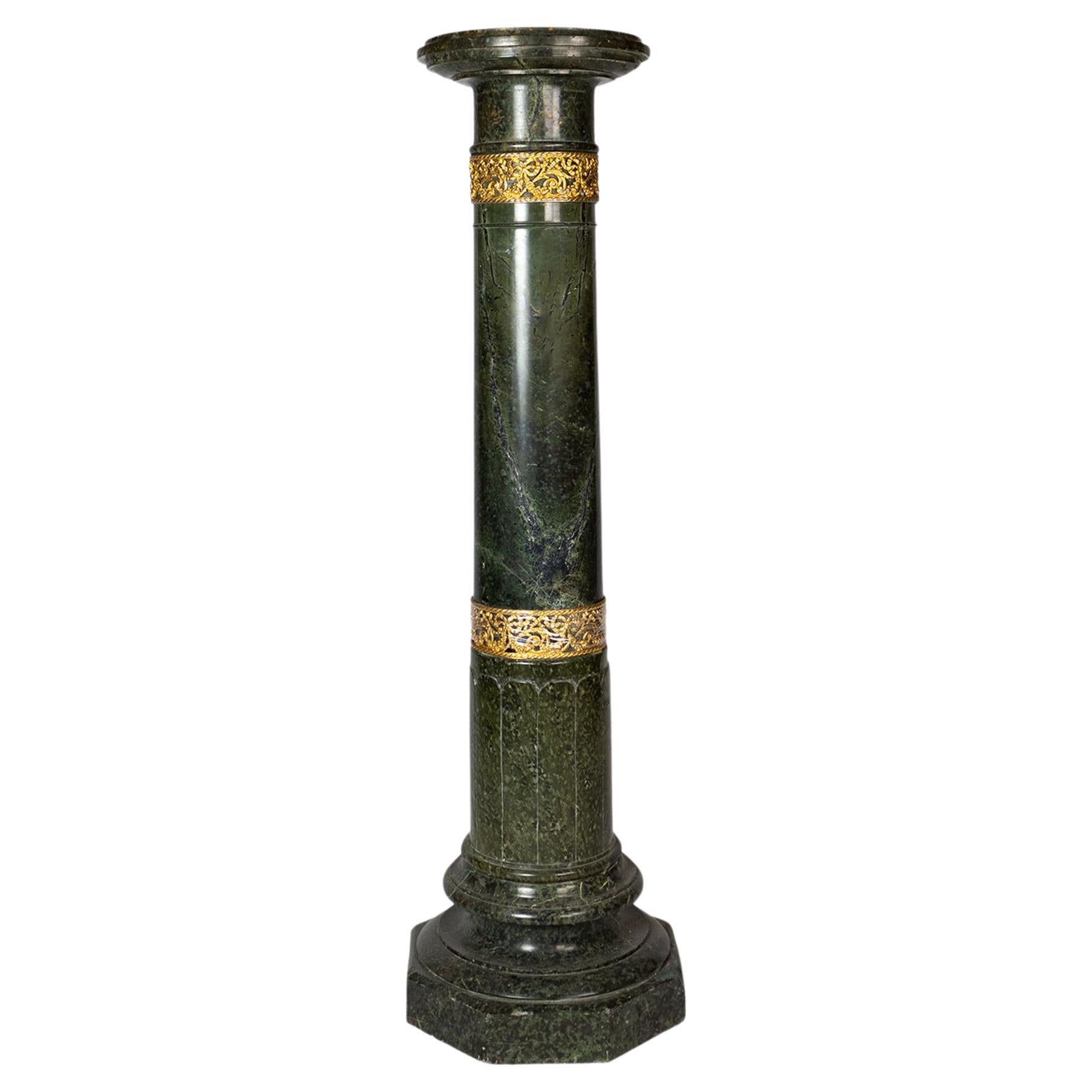 French Alpine Green Marble Pedestal Column, 19th Century, Gilded Bronze Details