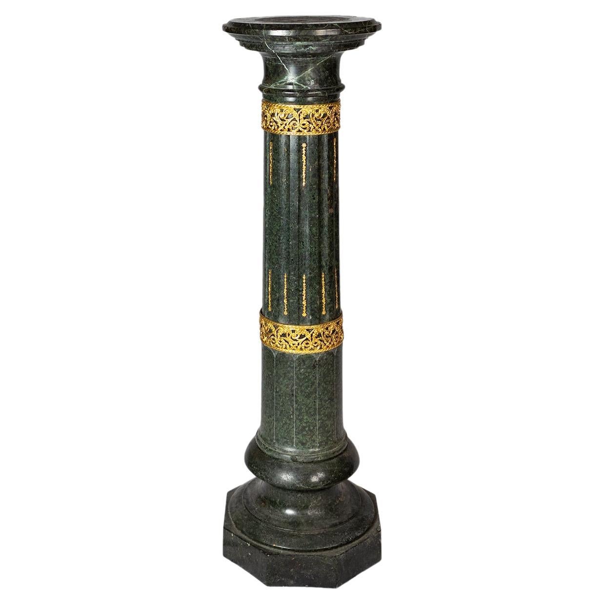 French Alpine Green Marble Pedestal, Neoclassical Column, 19th Century