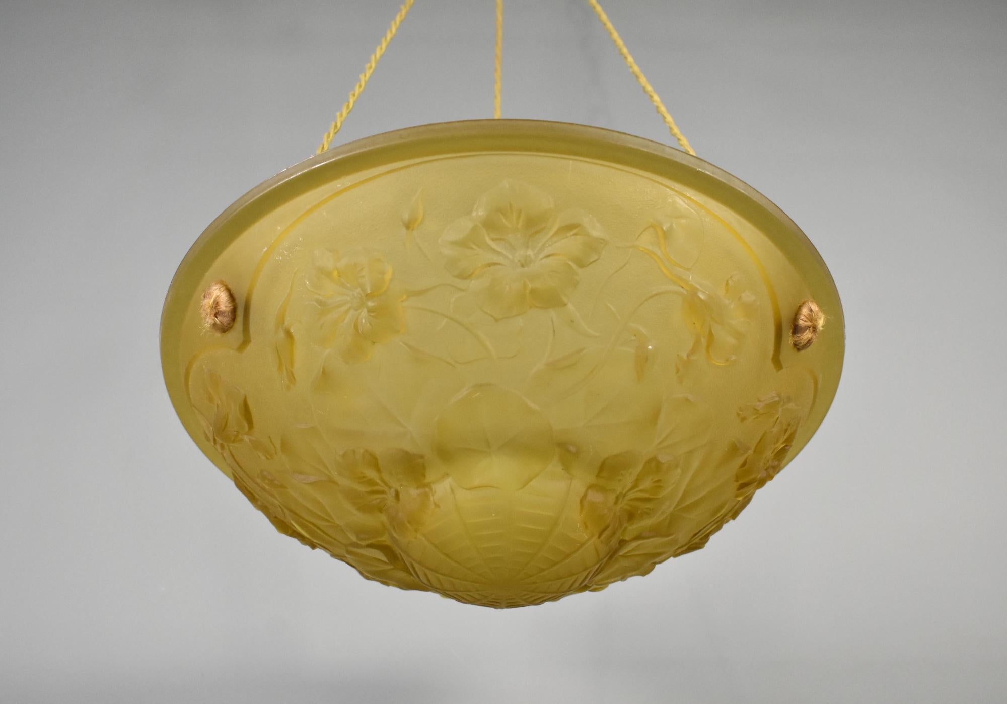 Molded French Amber Art Deco Ceiling Light / Plafonnier For Sale