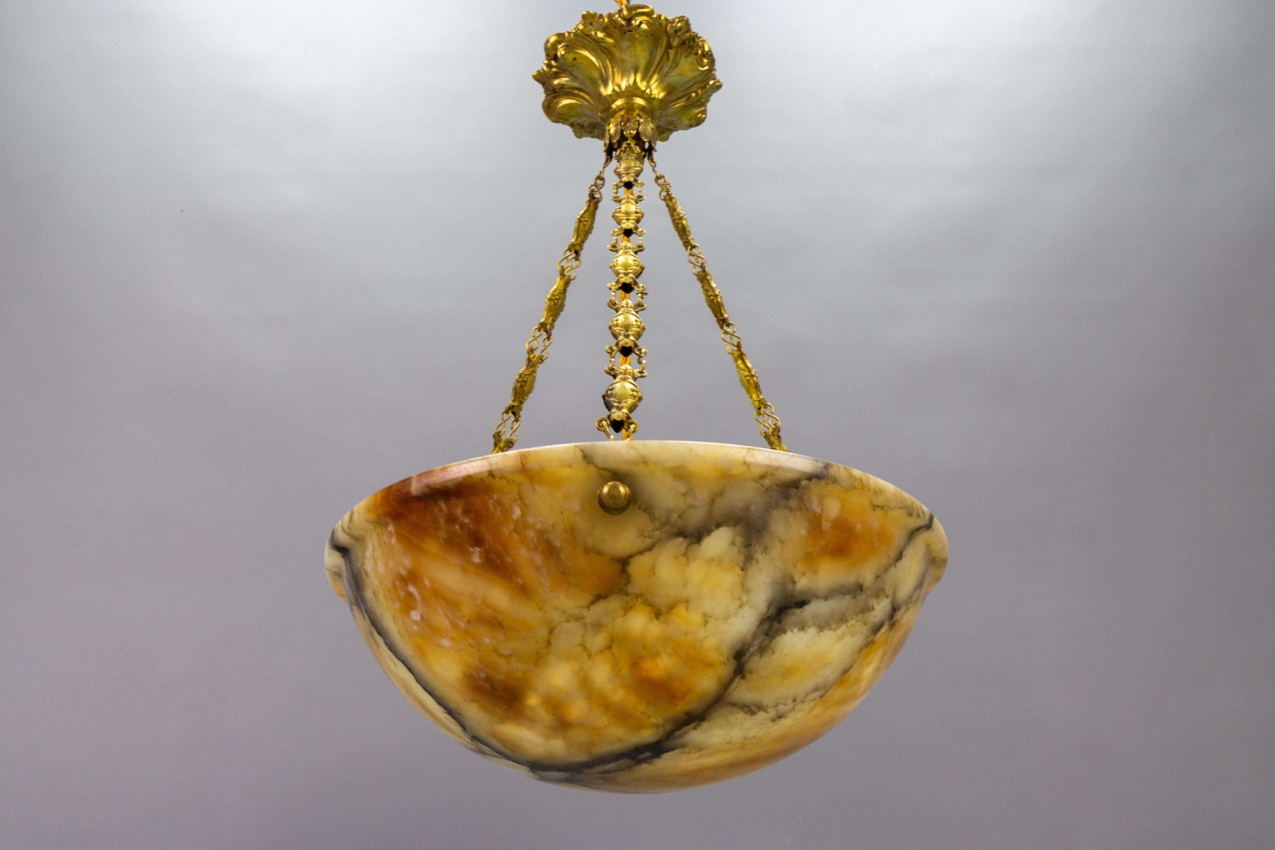 French Amber Color Alabaster and Brass Pendant Light, circa 1930 For Sale 6