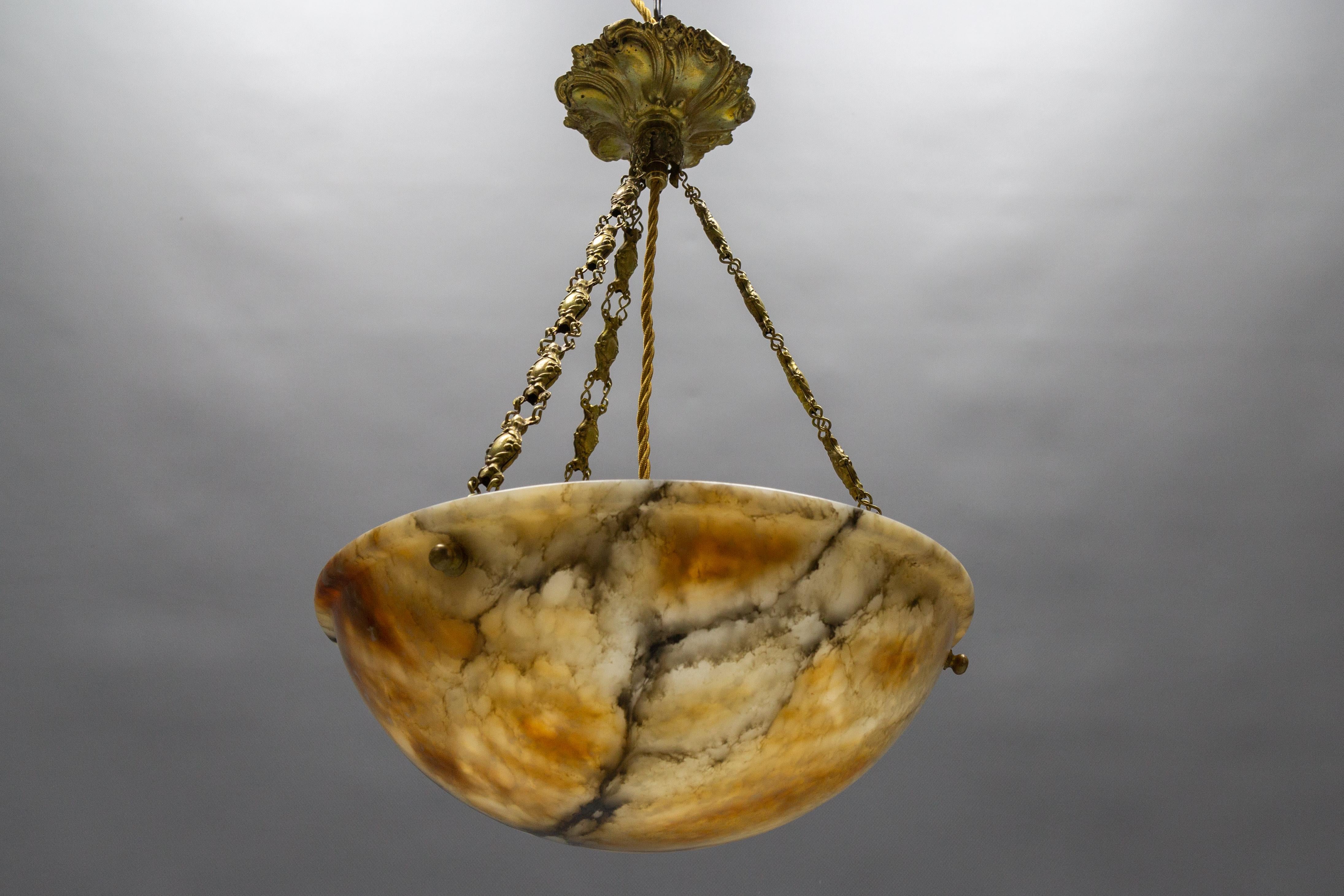 French Amber Color Alabaster and Brass Pendant Light, circa 1930 For Sale 9
