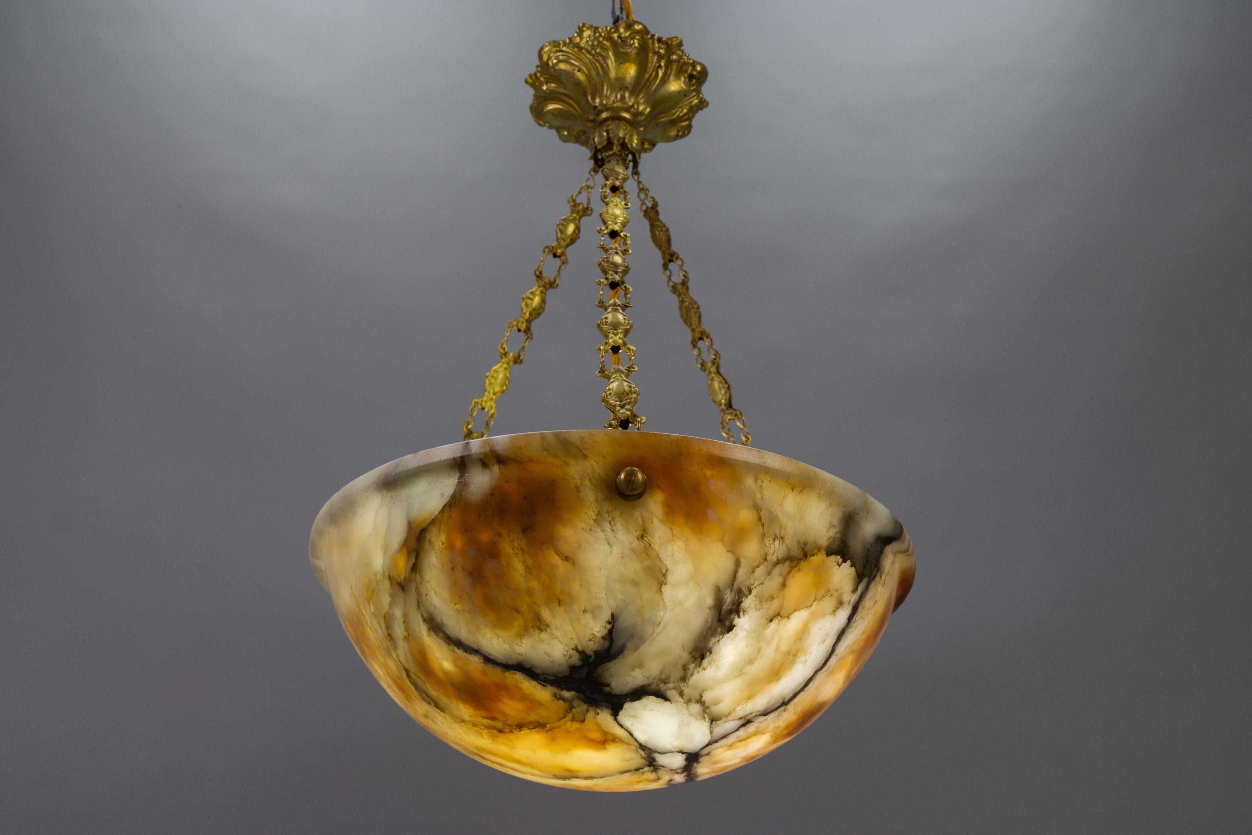 Metal French Amber Color Alabaster and Brass Pendant Light, circa 1930 For Sale