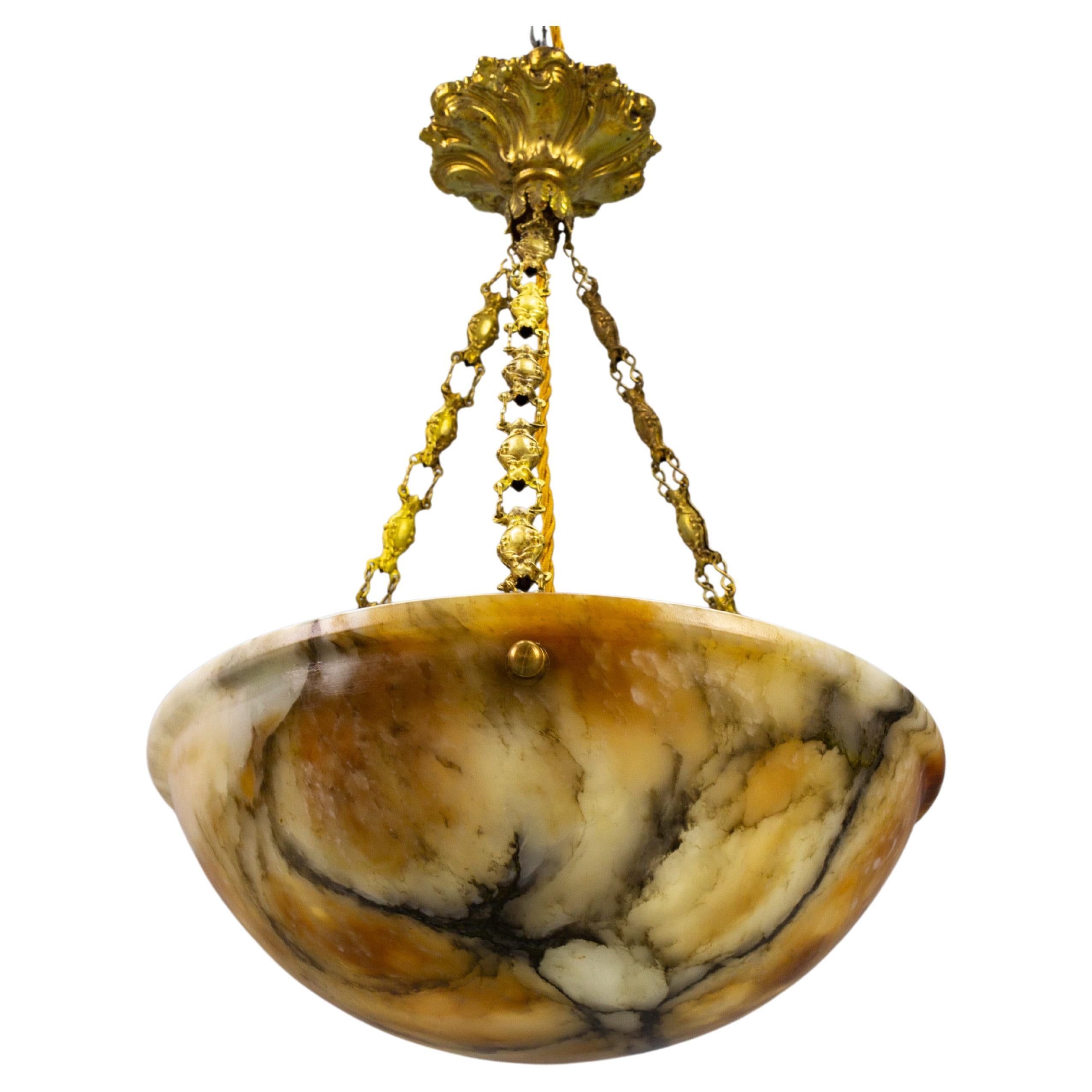 French Amber Color Alabaster and Brass Pendant Light, circa 1930