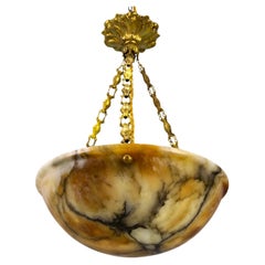 French Amber Color Alabaster and Brass Pendant Light, circa 1930