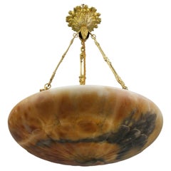 French Amber Color Alabaster and Bronze Pendant Light Fixture, circa 1920