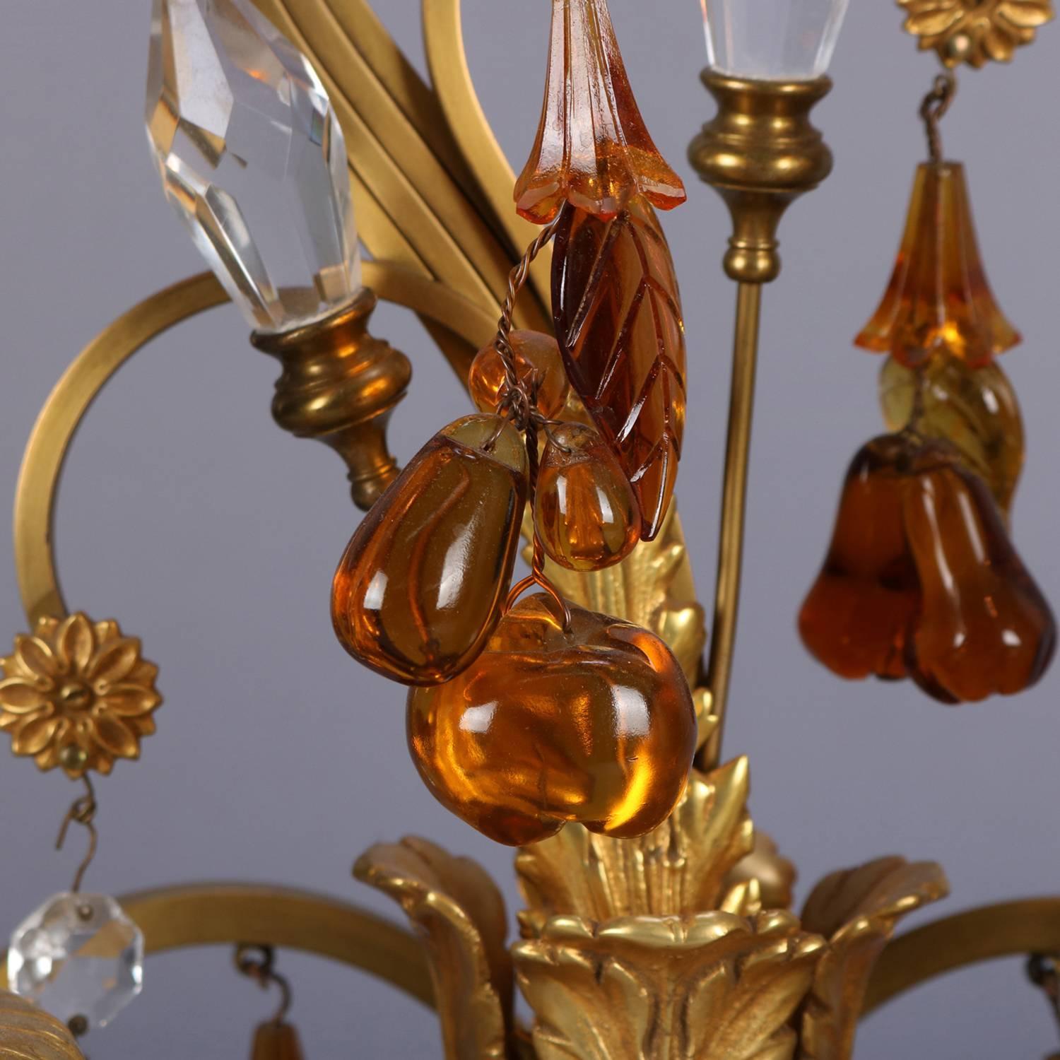 French Amber Glass & Crystal Gilt Bronze Branch & Leaf Electric Candelabra Lamps 6