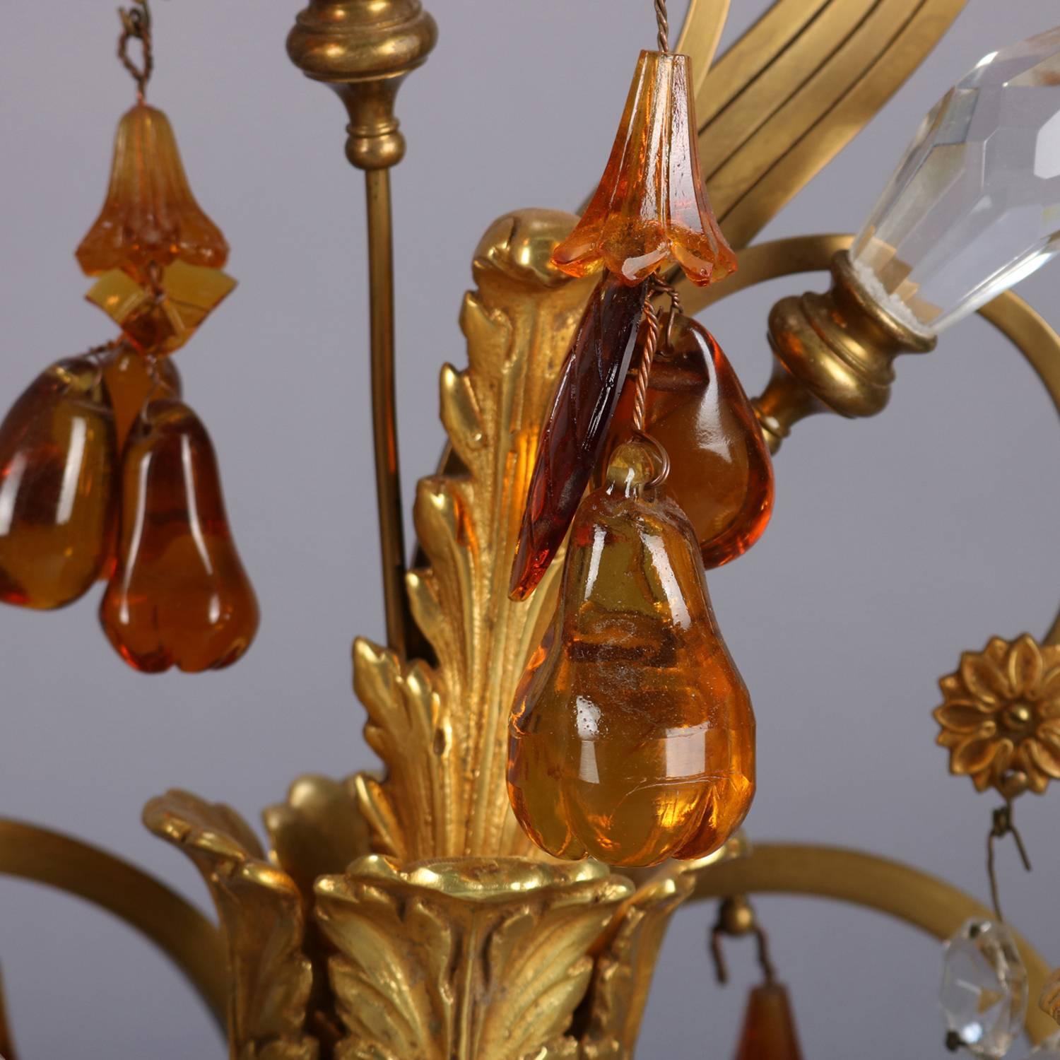French Amber Glass & Crystal Gilt Bronze Branch & Leaf Electric Candelabra Lamps 7