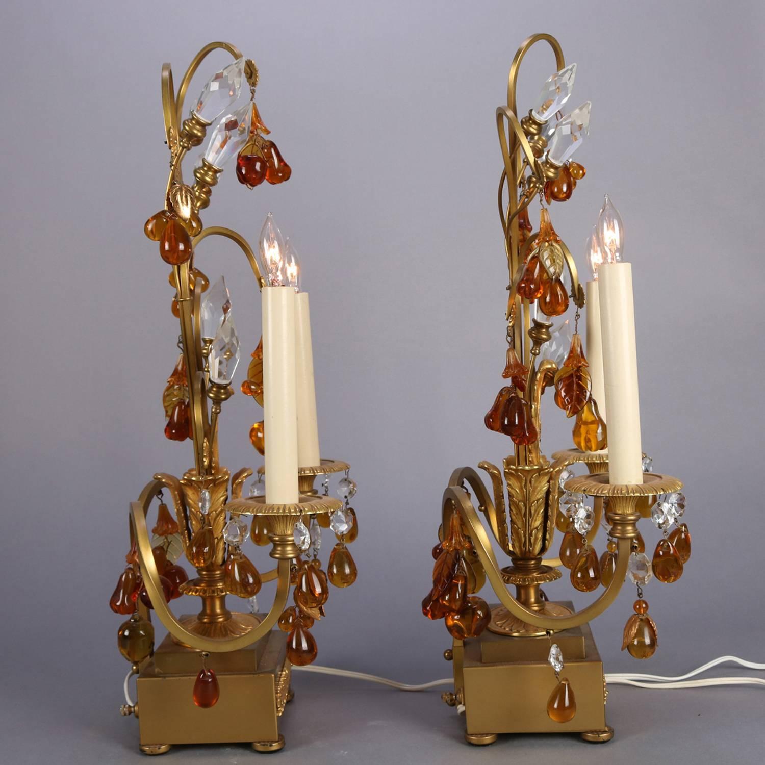 French Amber Glass & Crystal Gilt Bronze Branch & Leaf Electric Candelabra Lamps 8