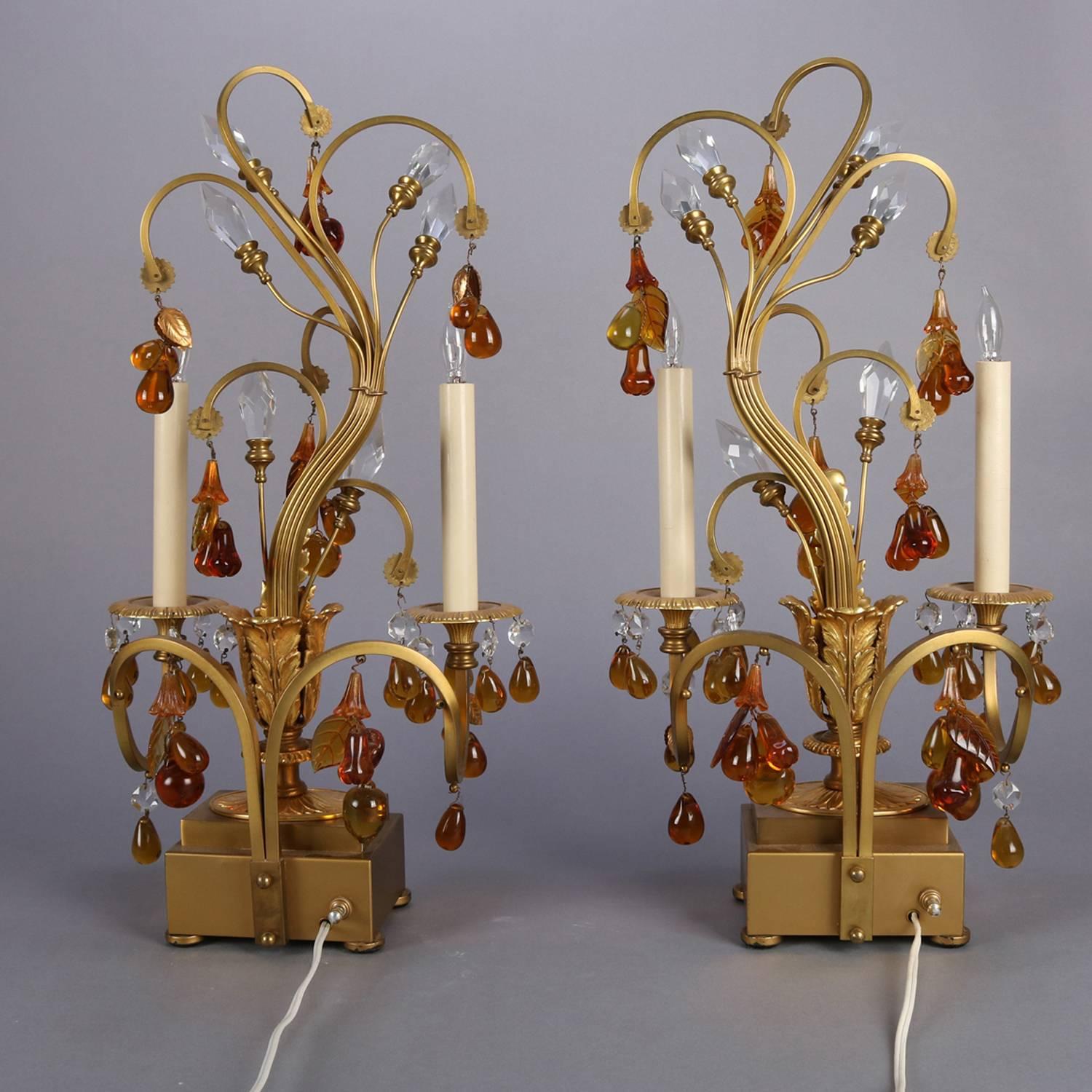 French Amber Glass & Crystal Gilt Bronze Branch & Leaf Electric Candelabra Lamps 9