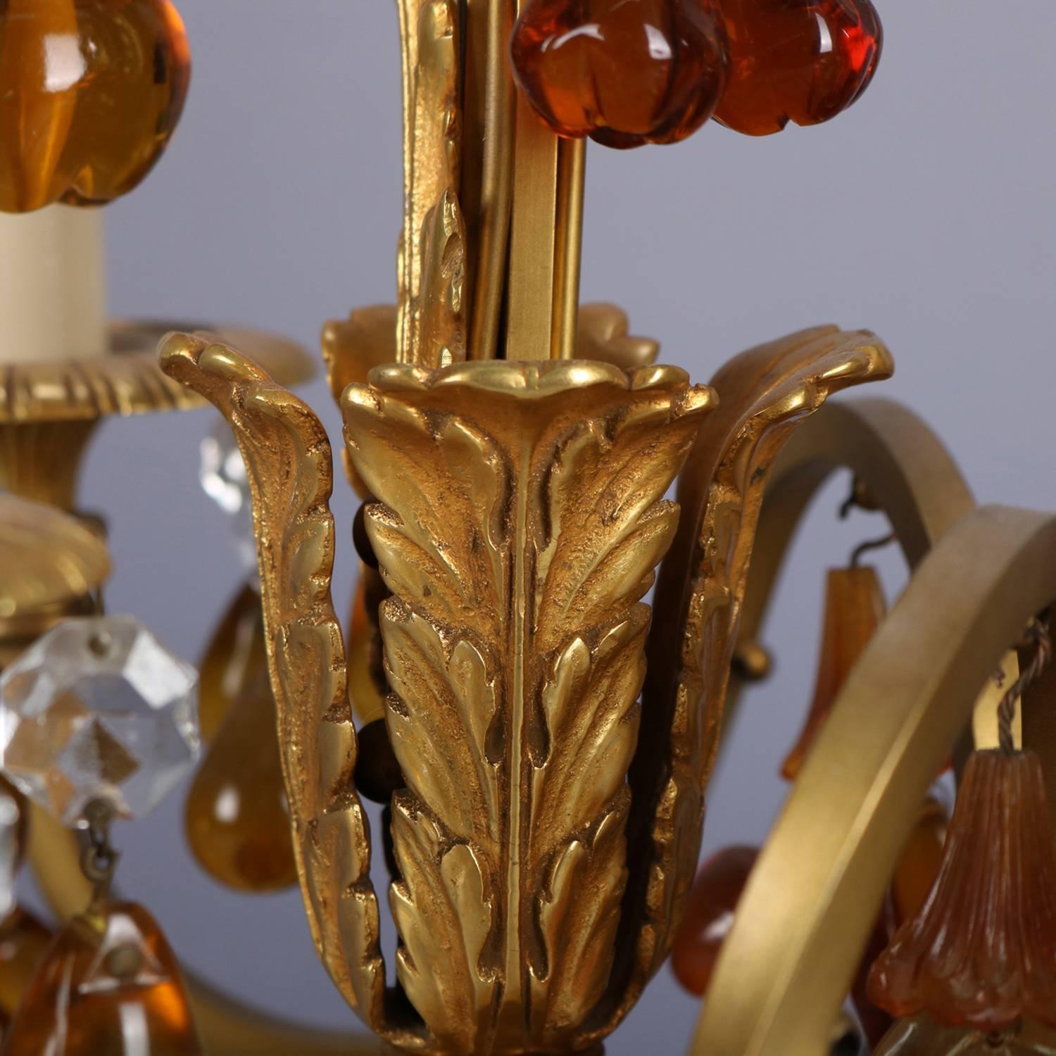 French Amber Glass & Crystal Gilt Bronze Branch & Leaf Electric Candelabra Lamps In Good Condition In Big Flats, NY