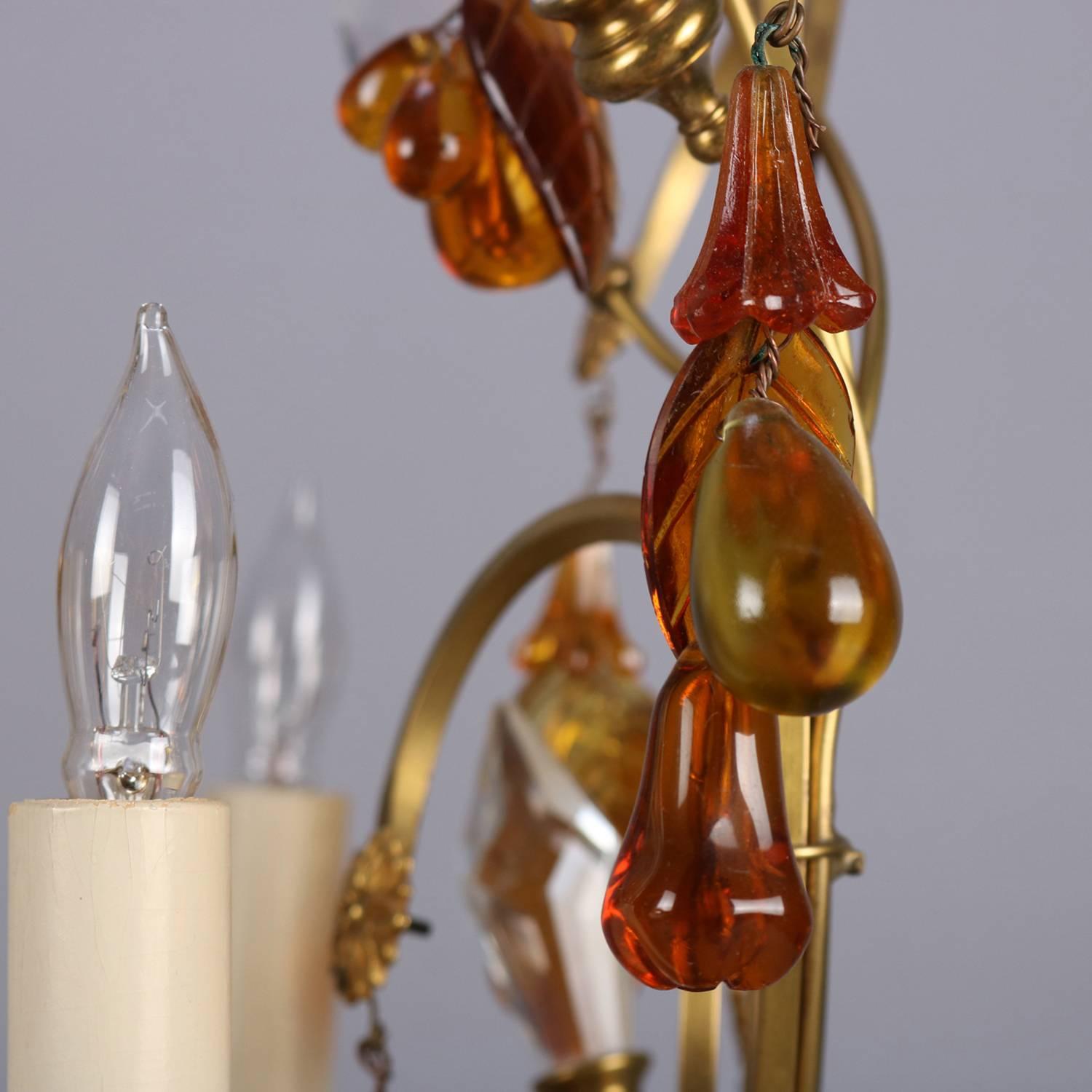 French Amber Glass & Crystal Gilt Bronze Branch & Leaf Electric Candelabra Lamps 1