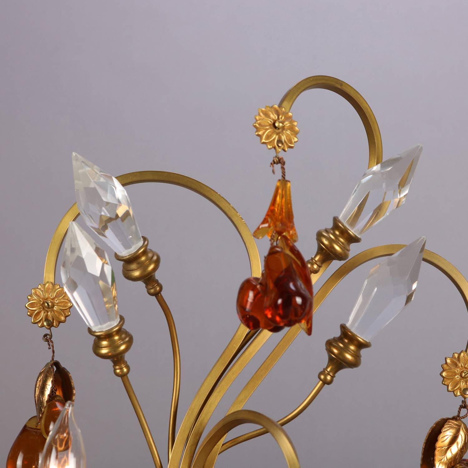 French Amber Glass & Crystal Gilt Bronze Branch & Leaf Electric Candelabra Lamps 3