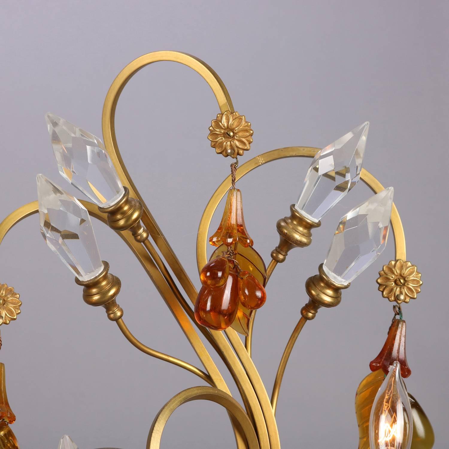 French Amber Glass & Crystal Gilt Bronze Branch & Leaf Electric Candelabra Lamps 4