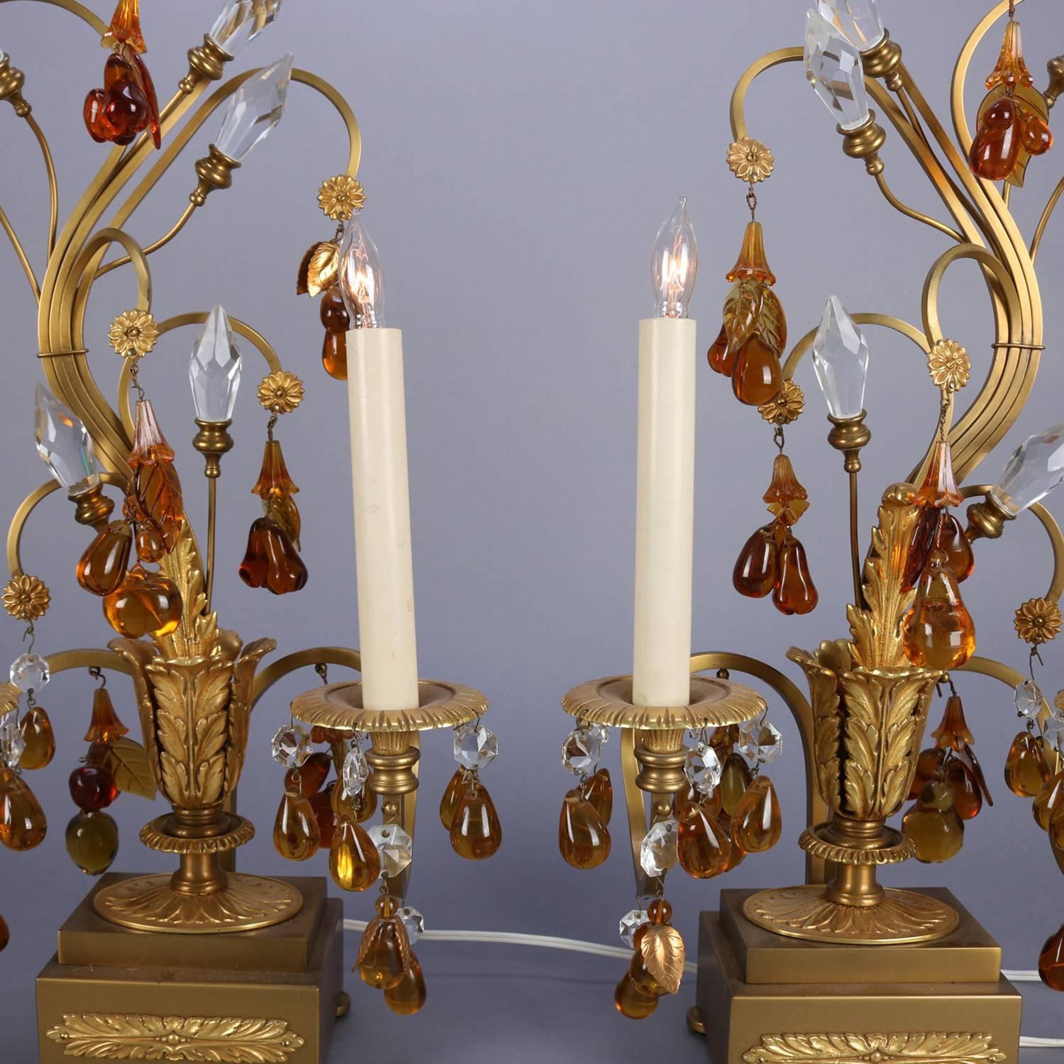 French Amber Glass & Crystal Gilt Bronze Branch & Leaf Electric Candelabra Lamps 5
