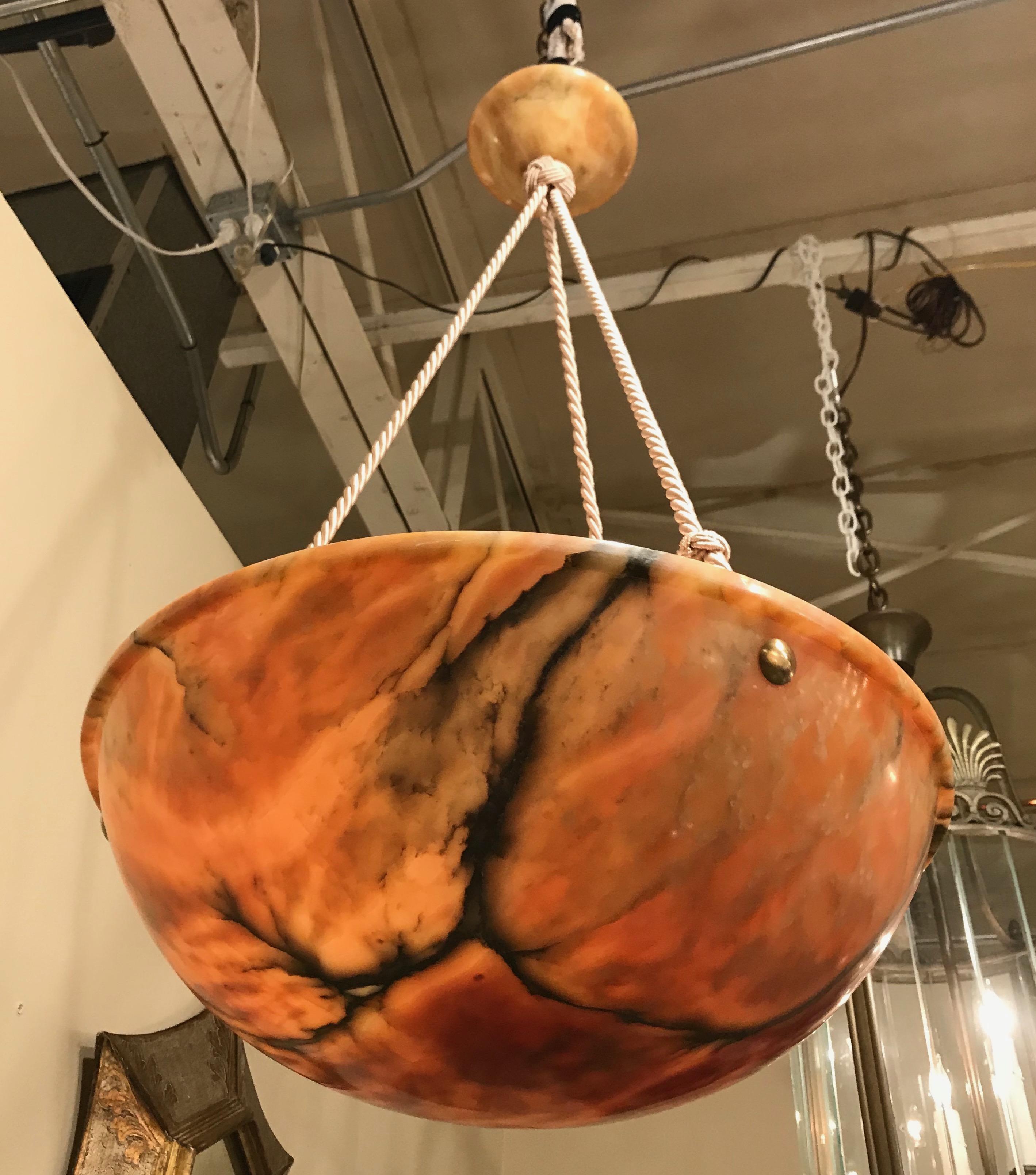 French Amber or Tortoise Shell Alabaster Pendant Light with Beige Cords In Good Condition In Dallas, TX