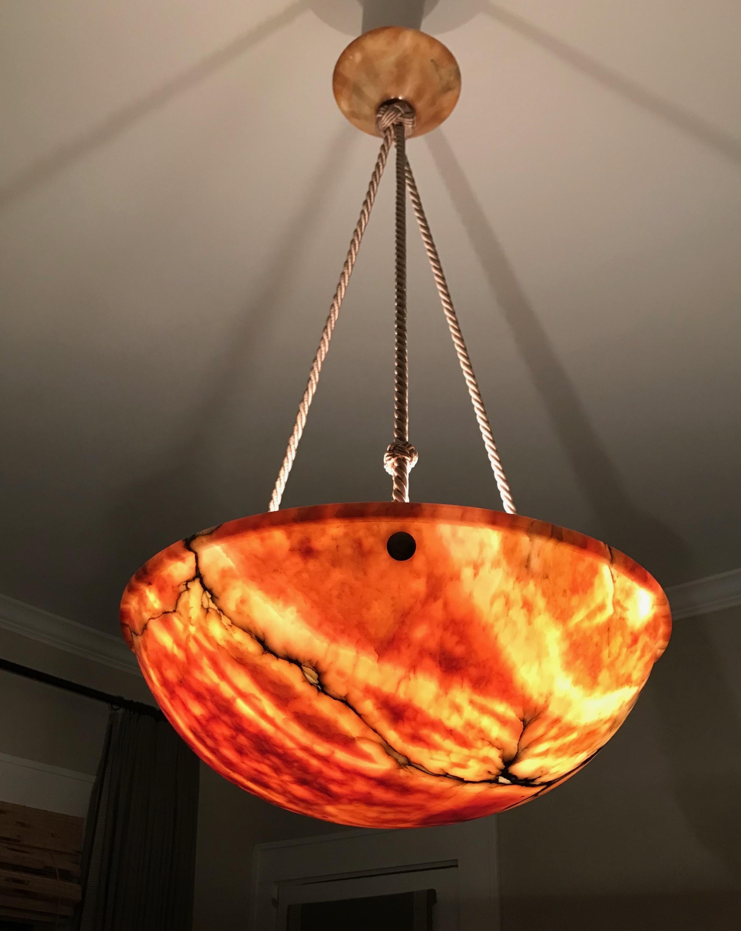 French Amber or Tortoise Shell Alabaster Pendant Light with Beige Cords 1