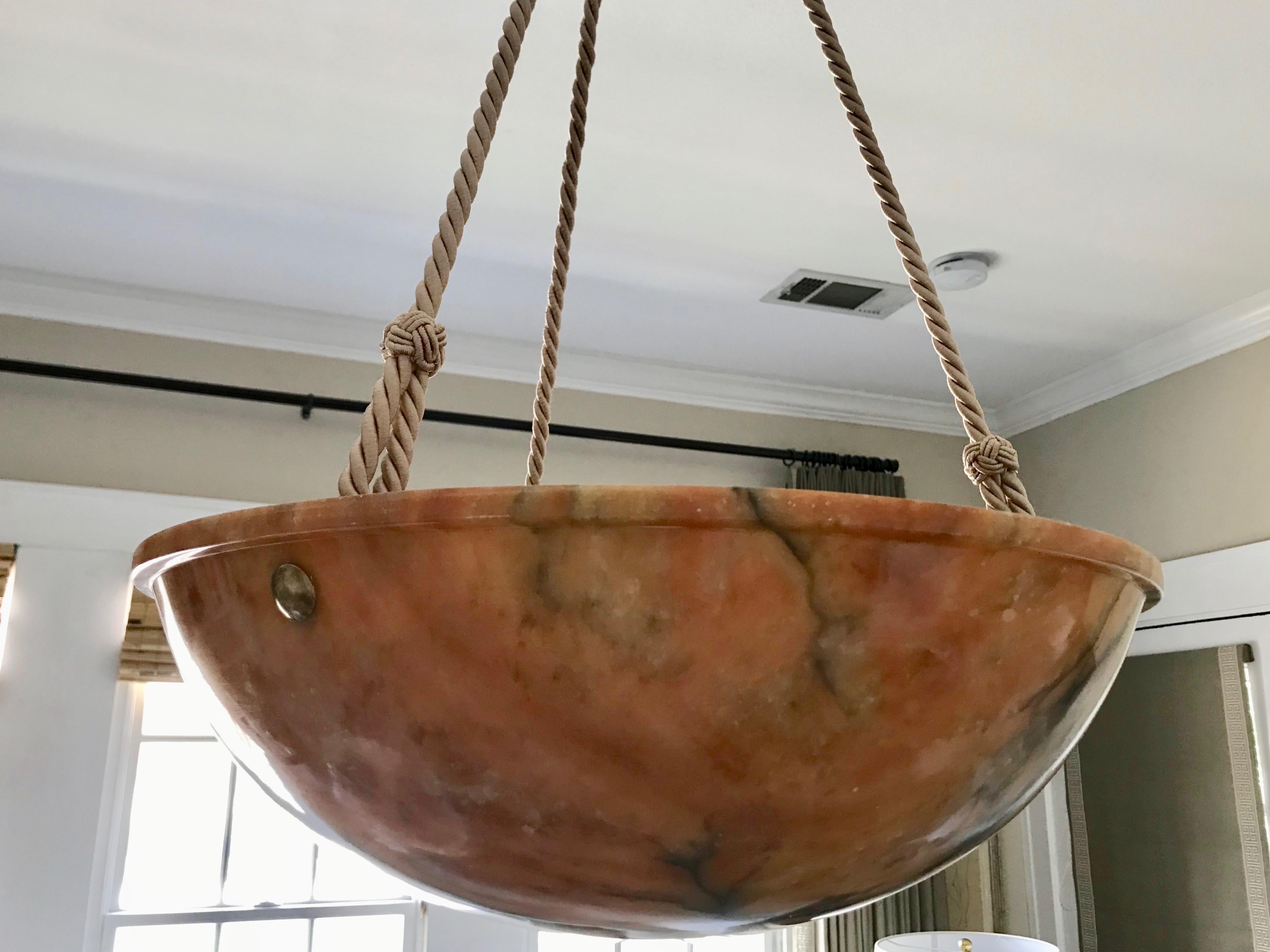 French Amber or Tortoise Shell Alabaster Pendant Light with Beige Cords 4