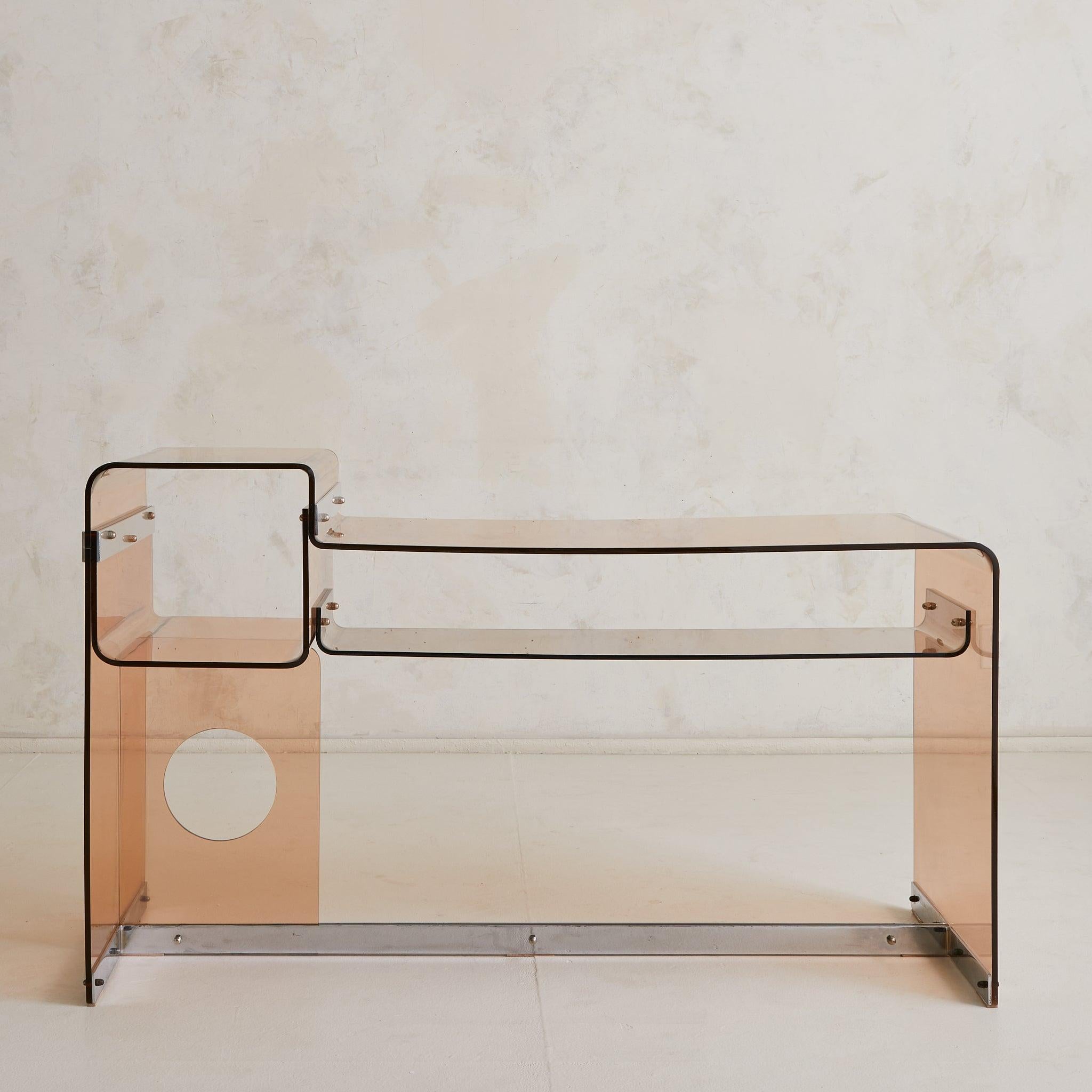 Modern French Amber Plexiglass + Chrome Desk Attributed to Michel Dumas, 1970s For Sale