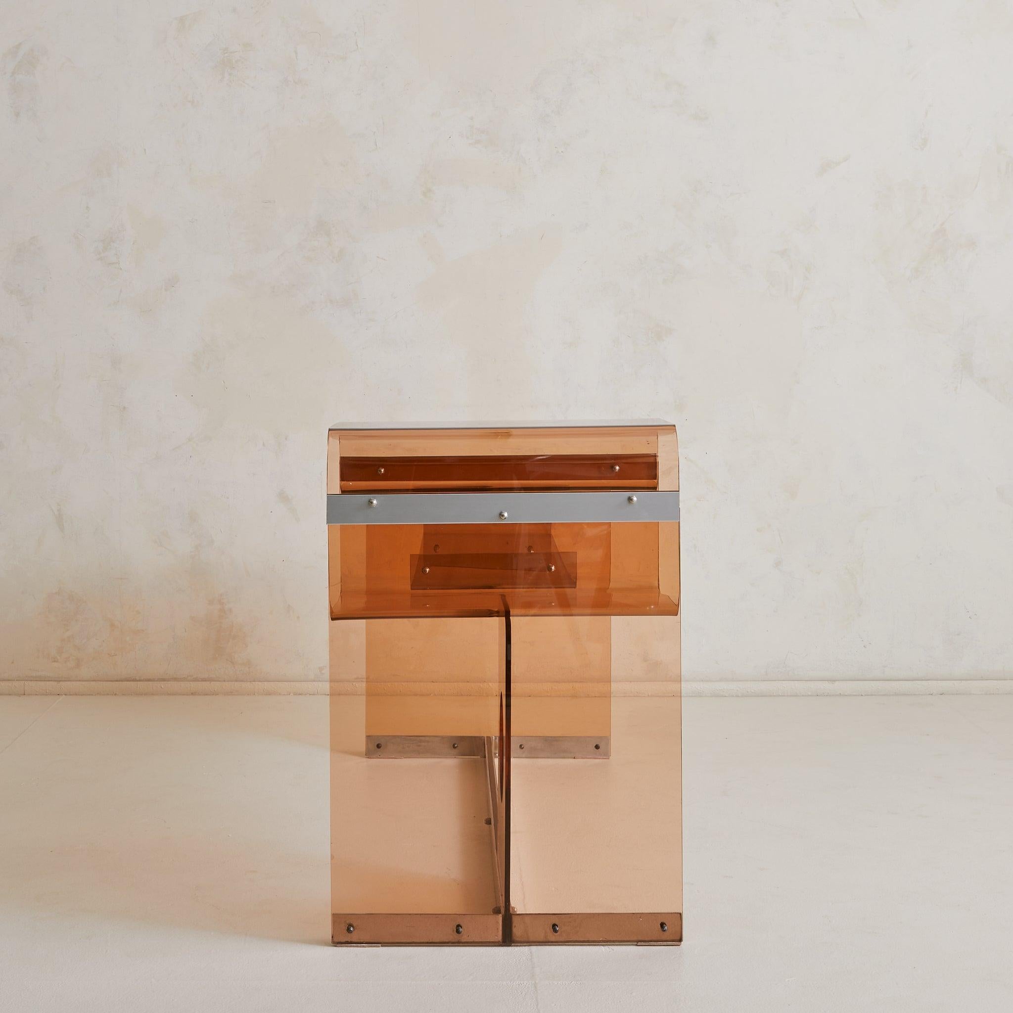 French Amber Plexiglass + Chrome Desk Attributed to Michel Dumas, 1970s In Good Condition For Sale In Chicago, IL