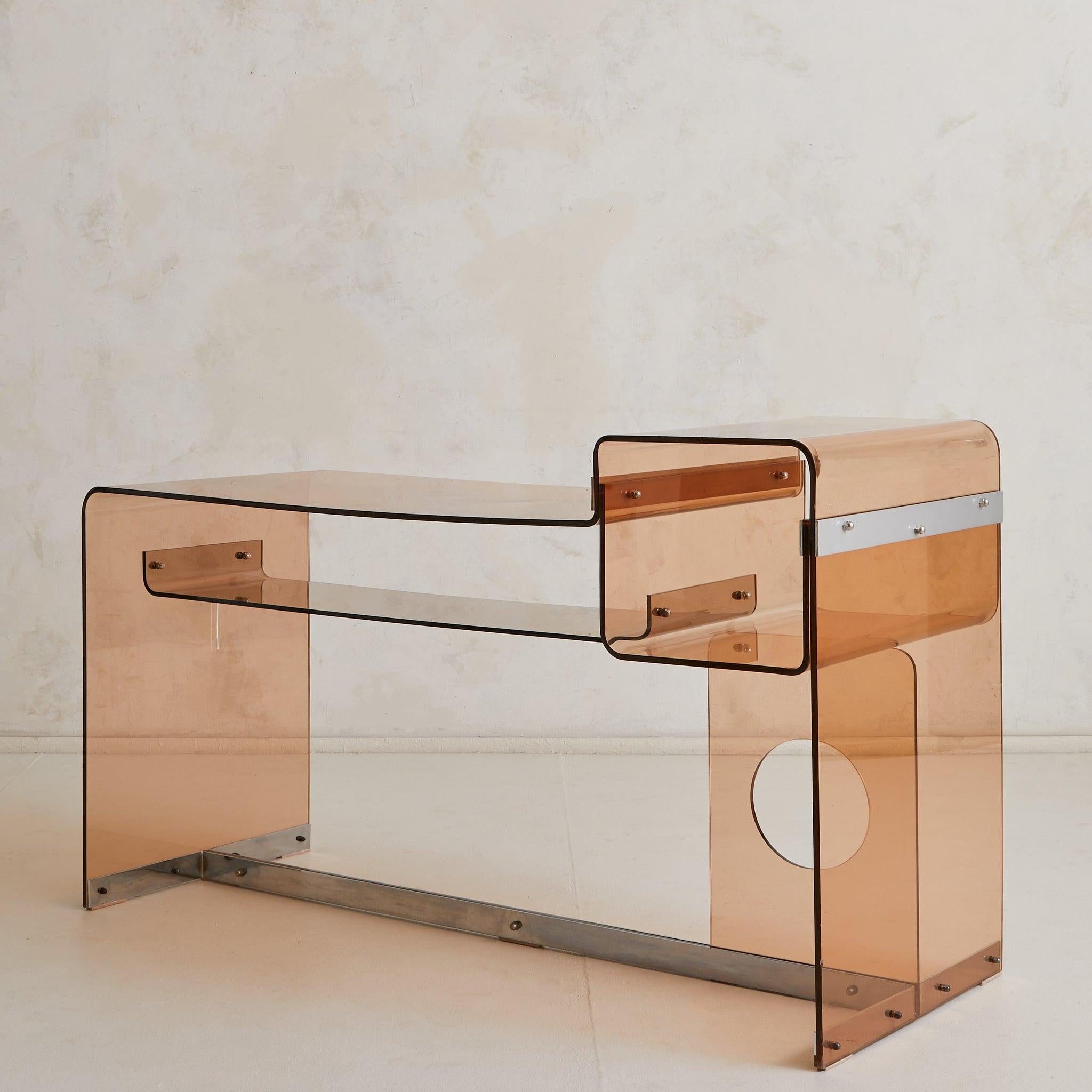 Late 20th Century French Amber Plexiglass + Chrome Desk Attributed to Michel Dumas, 1970s For Sale