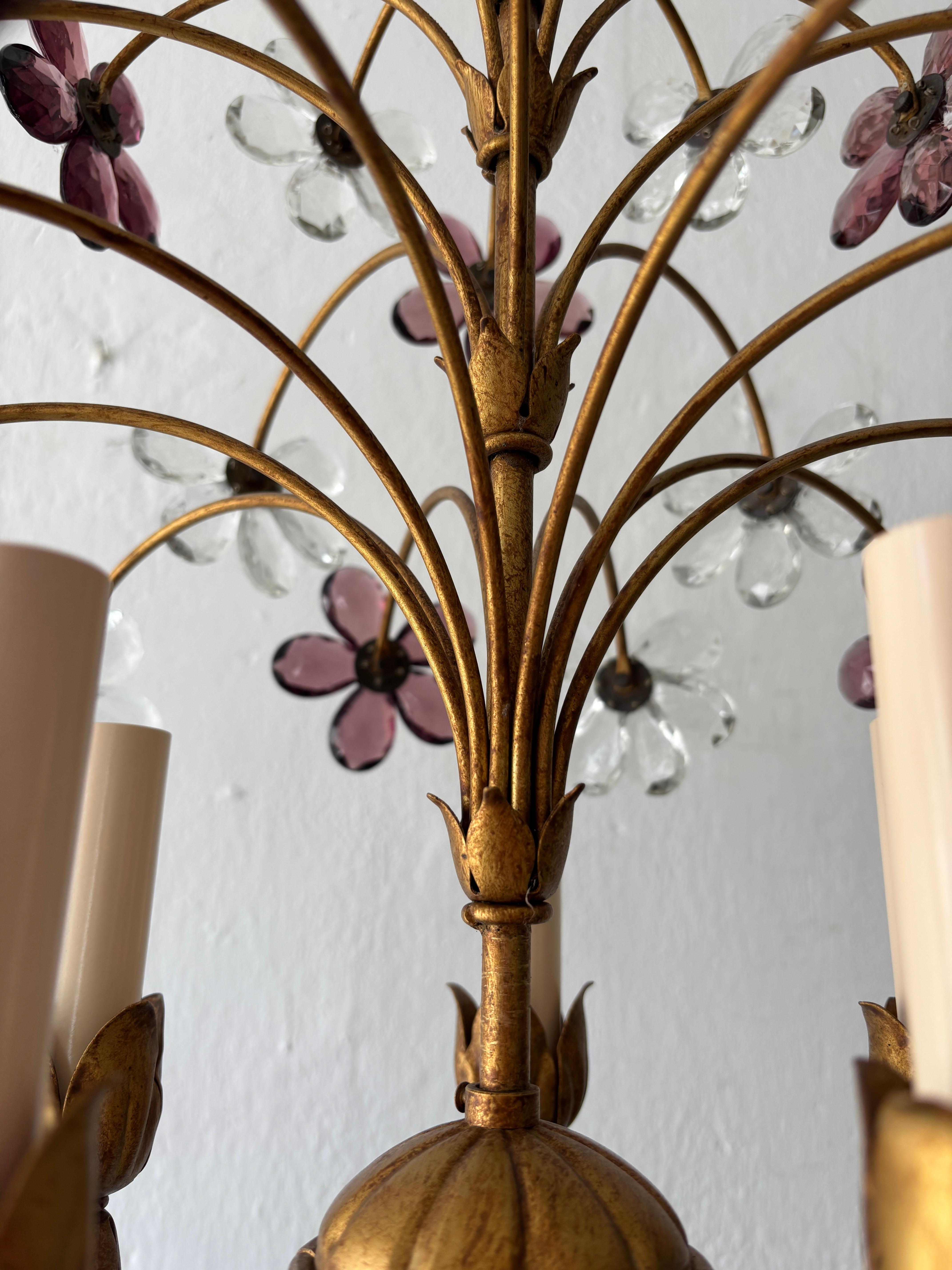 French Amethyst Crystal Flowers Beaded Floral Maison Baguès Style Chandelier For Sale 6