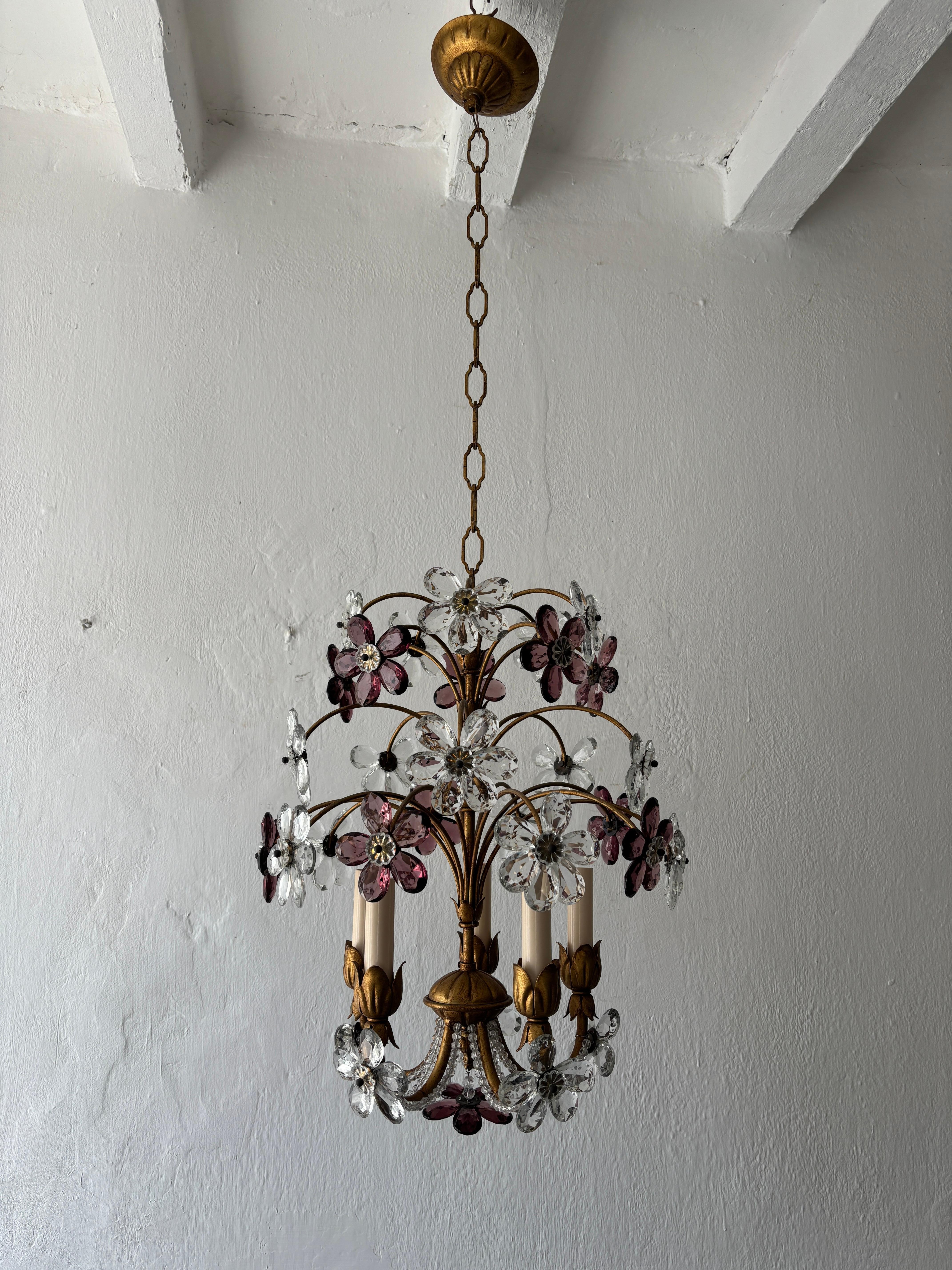 Housing 5 lights. Will be newly rewired with certified US UL sockets for the USA and appropriate socket for all other countries and ready to hang. Amethyst and clear crystal prisms, made into flowers, springing from this bouquet. Double beaded
