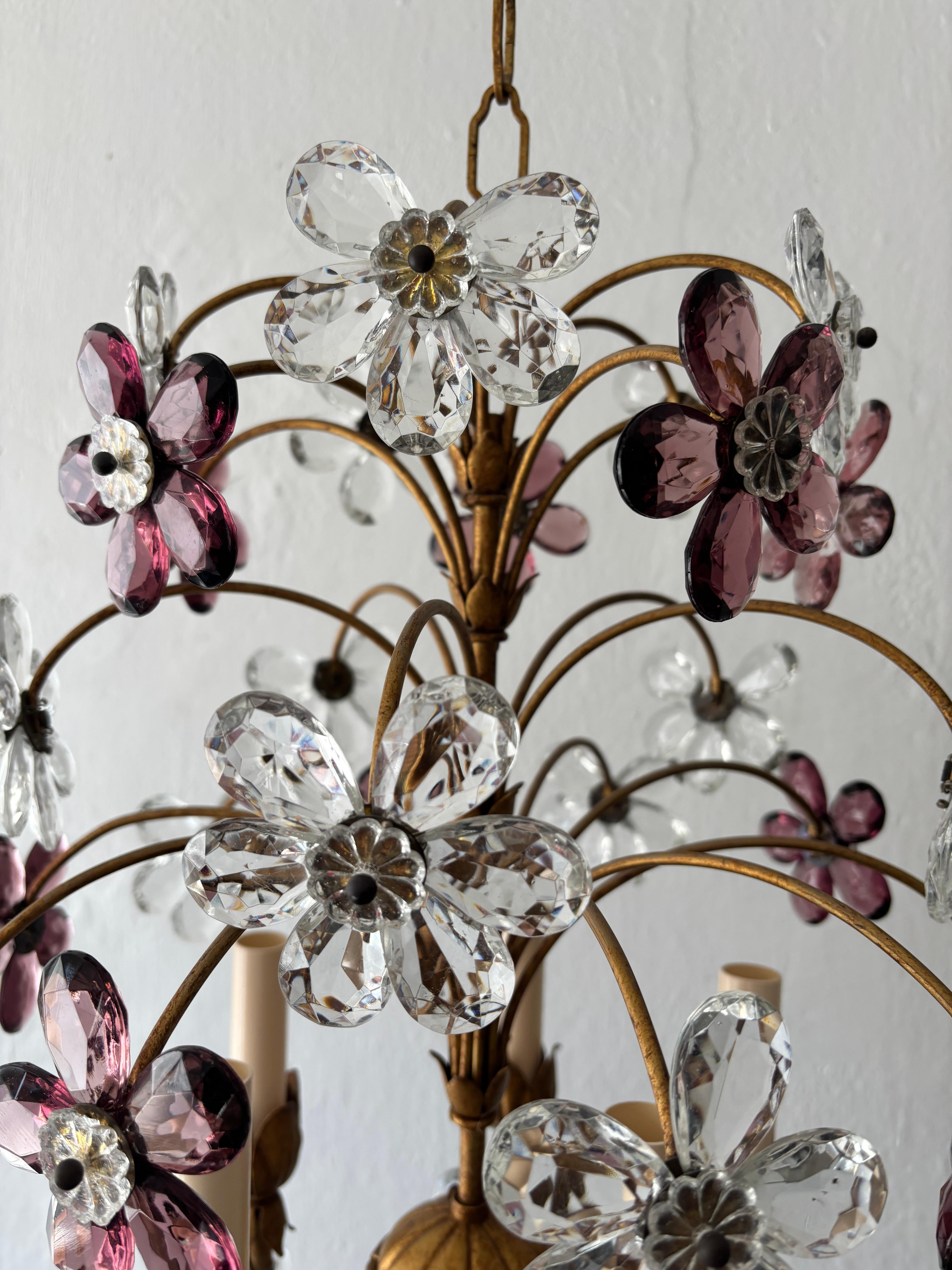 Mid-20th Century French Amethyst Crystal Flowers Beaded Floral Maison Baguès Style Chandelier For Sale