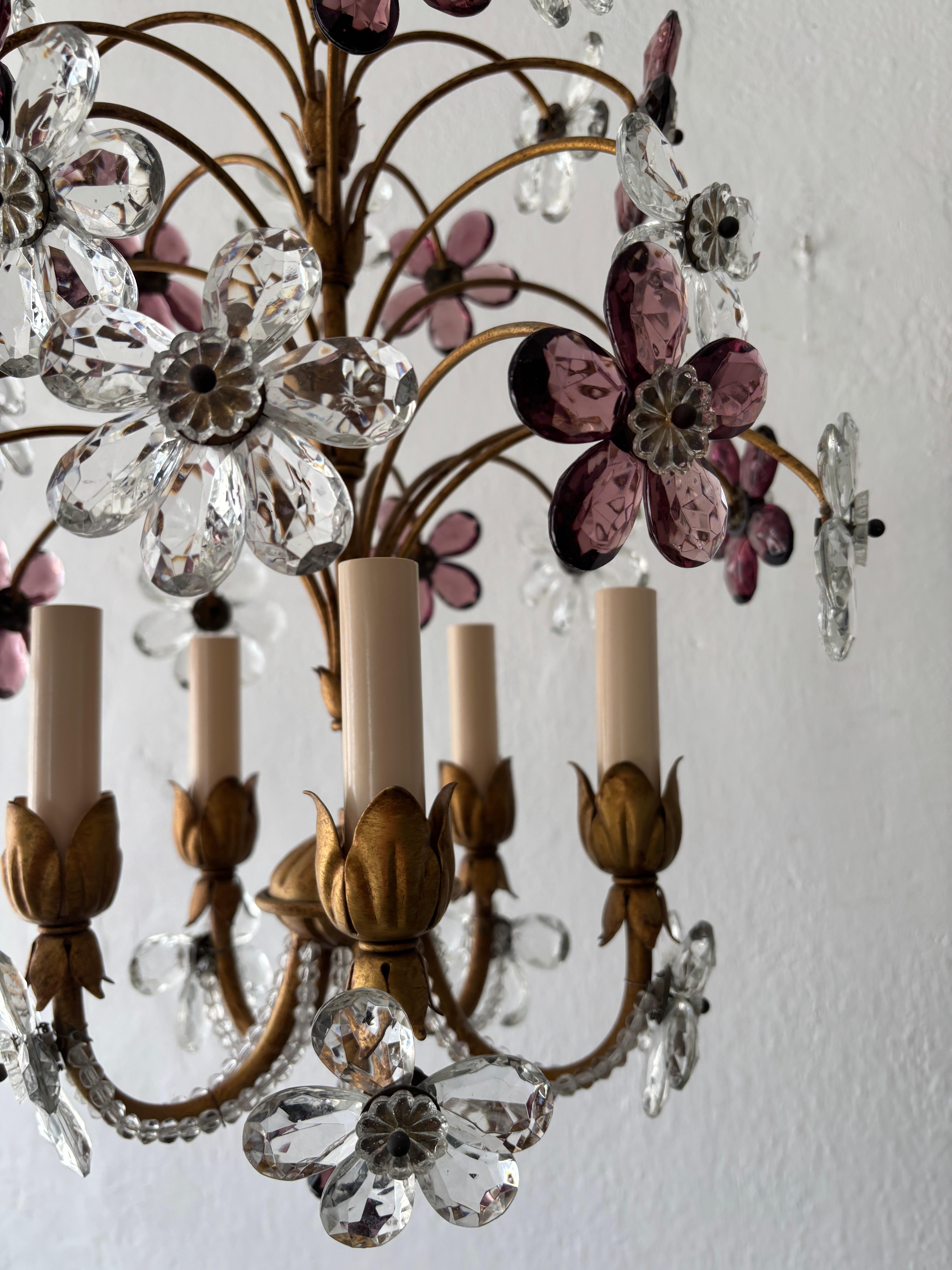 French Amethyst Crystal Flowers Beaded Floral Maison Baguès Style Chandelier For Sale 1