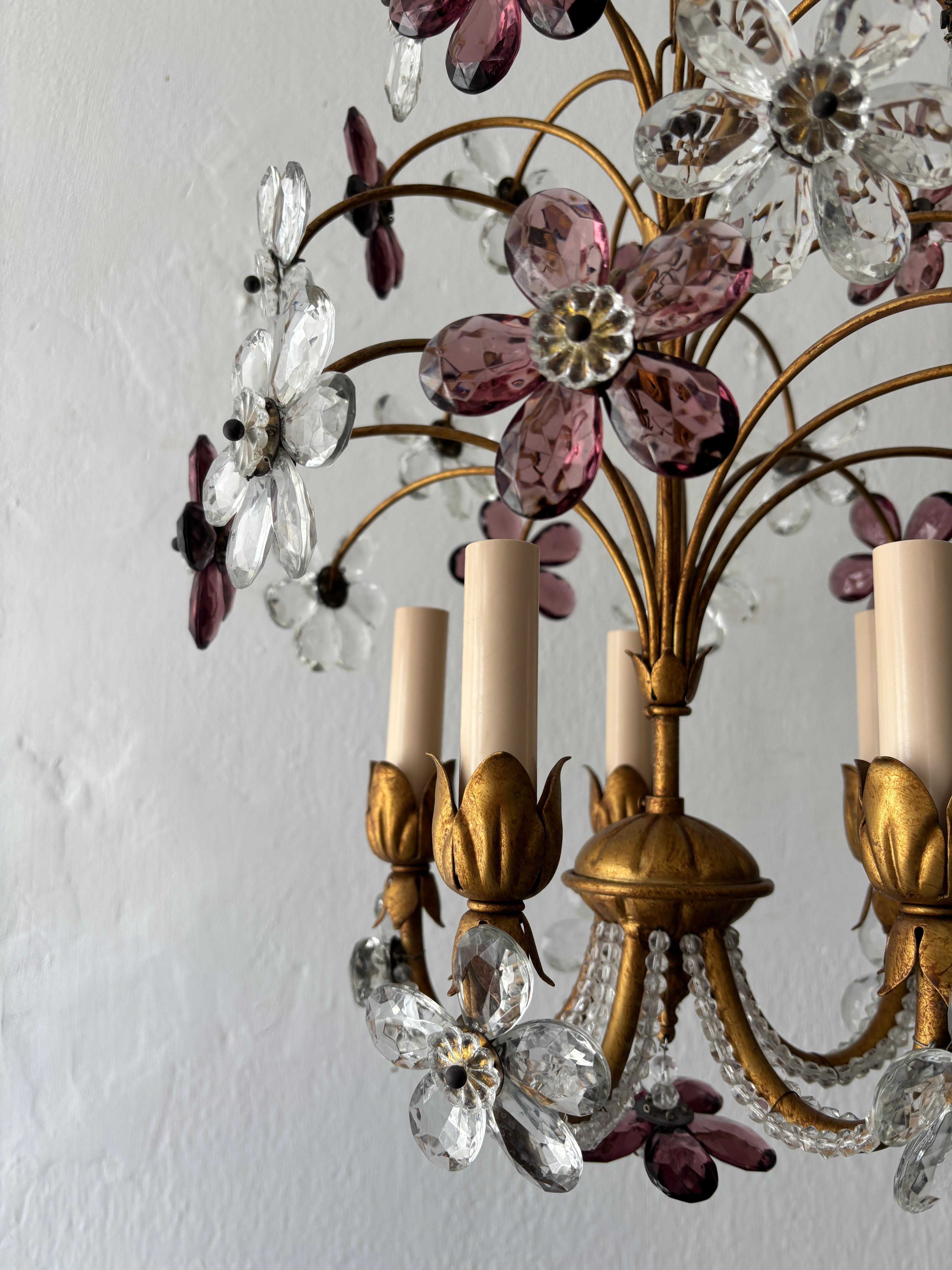 French Amethyst Crystal Flowers Beaded Floral Maison Baguès Style Chandelier For Sale 2