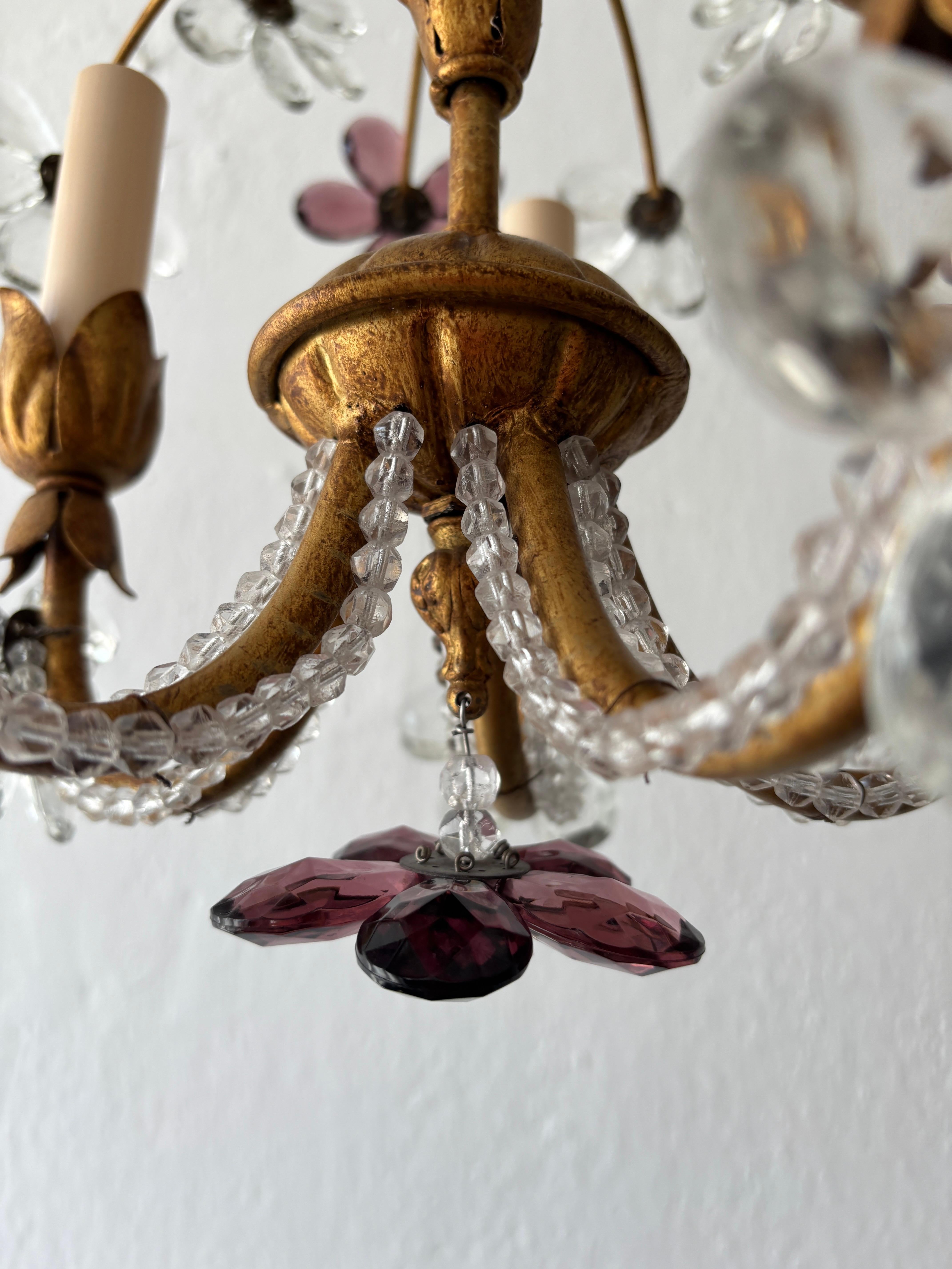 French Amethyst Crystal Flowers Beaded Floral Maison Baguès Style Chandelier For Sale 3
