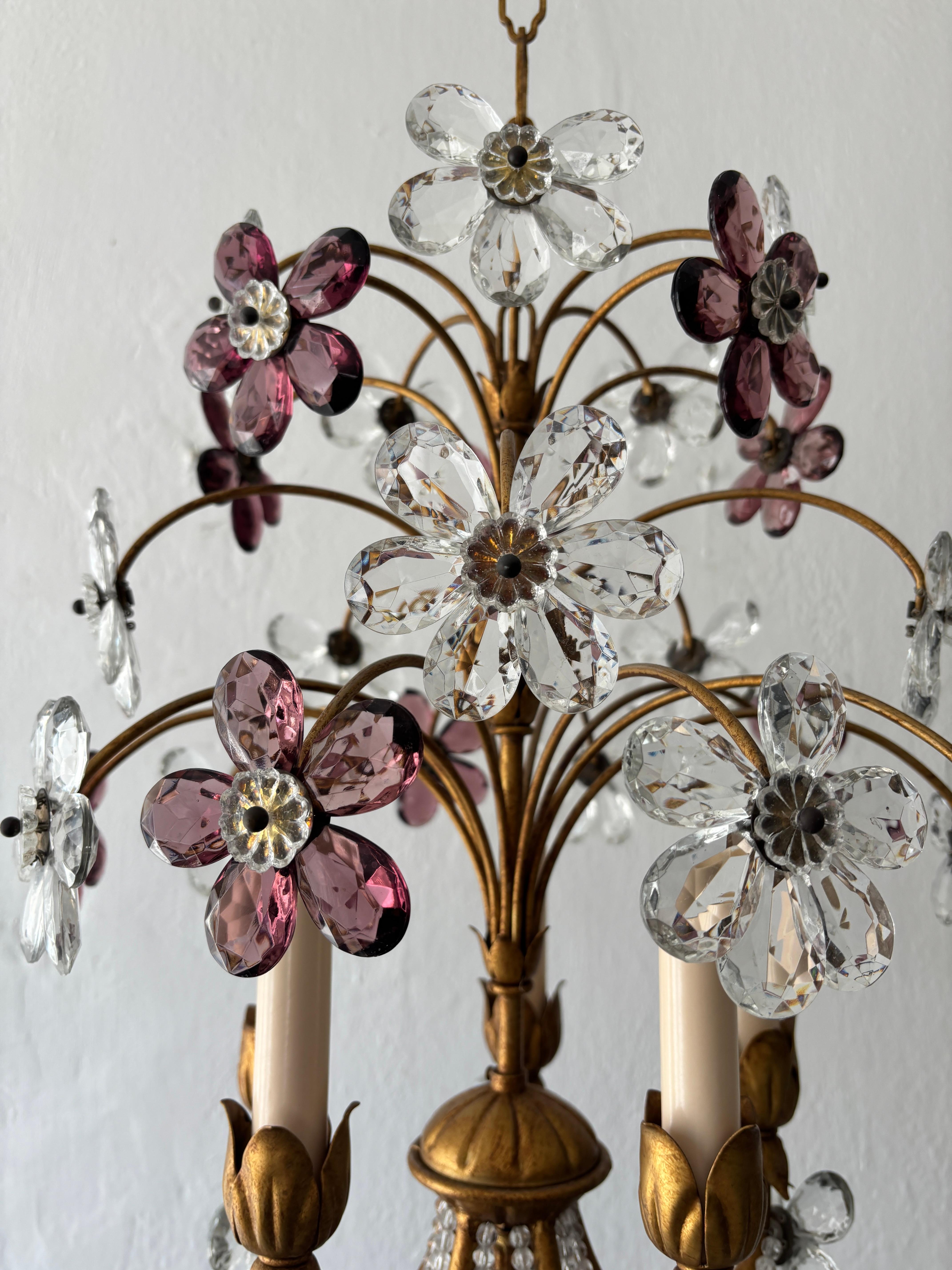 French Amethyst Crystal Flowers Beaded Floral Maison Baguès Style Chandelier For Sale 4