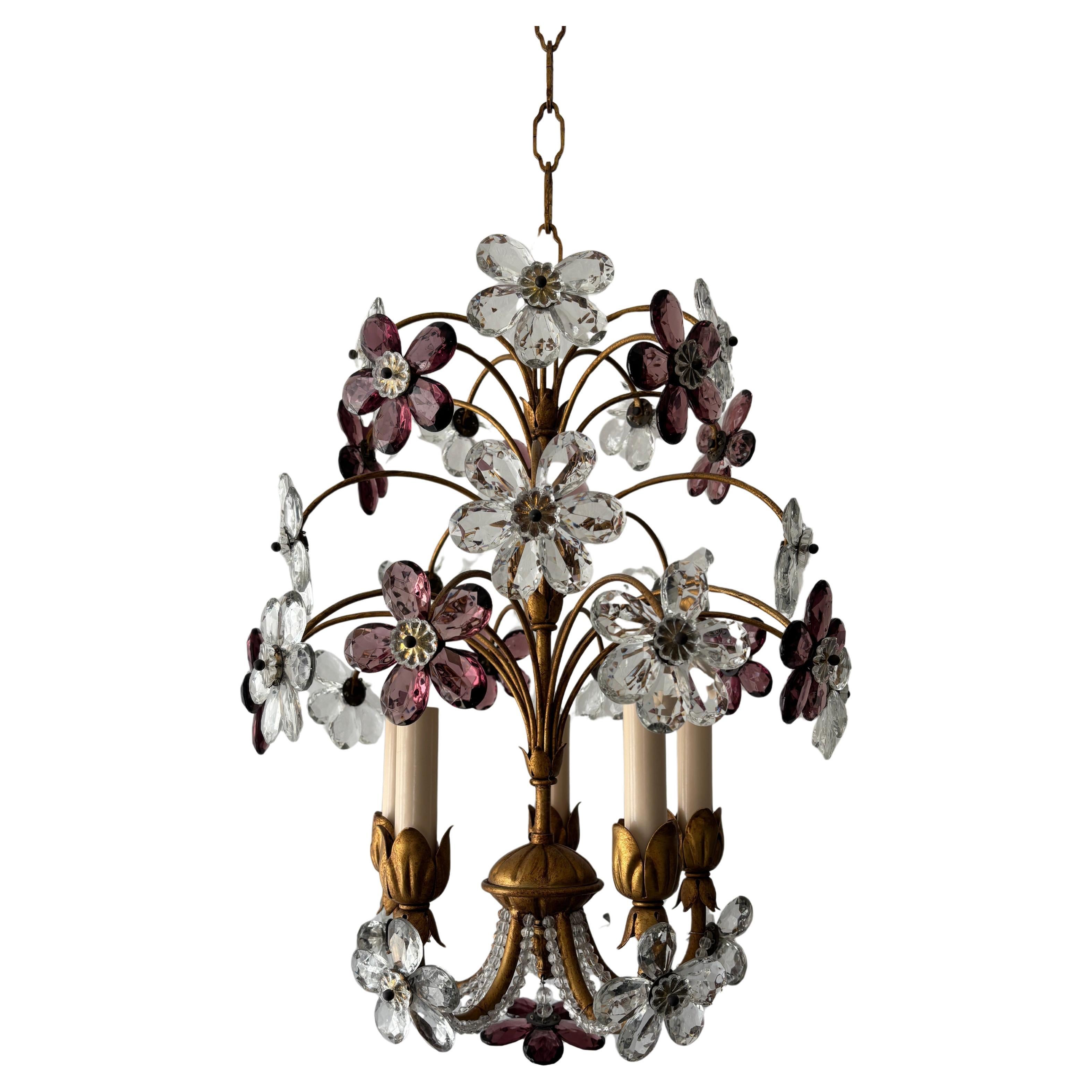 French Amethyst Crystal Flowers Beaded Floral Maison Baguès Style Chandelier
