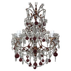 French Amethyst Murano Balls Gilt Wood Crystal Prisms Chandelier, c1900