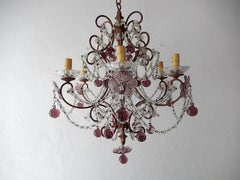 French Amethyst Murano Drops and Flowers Crystal Chandelier, circa 1920