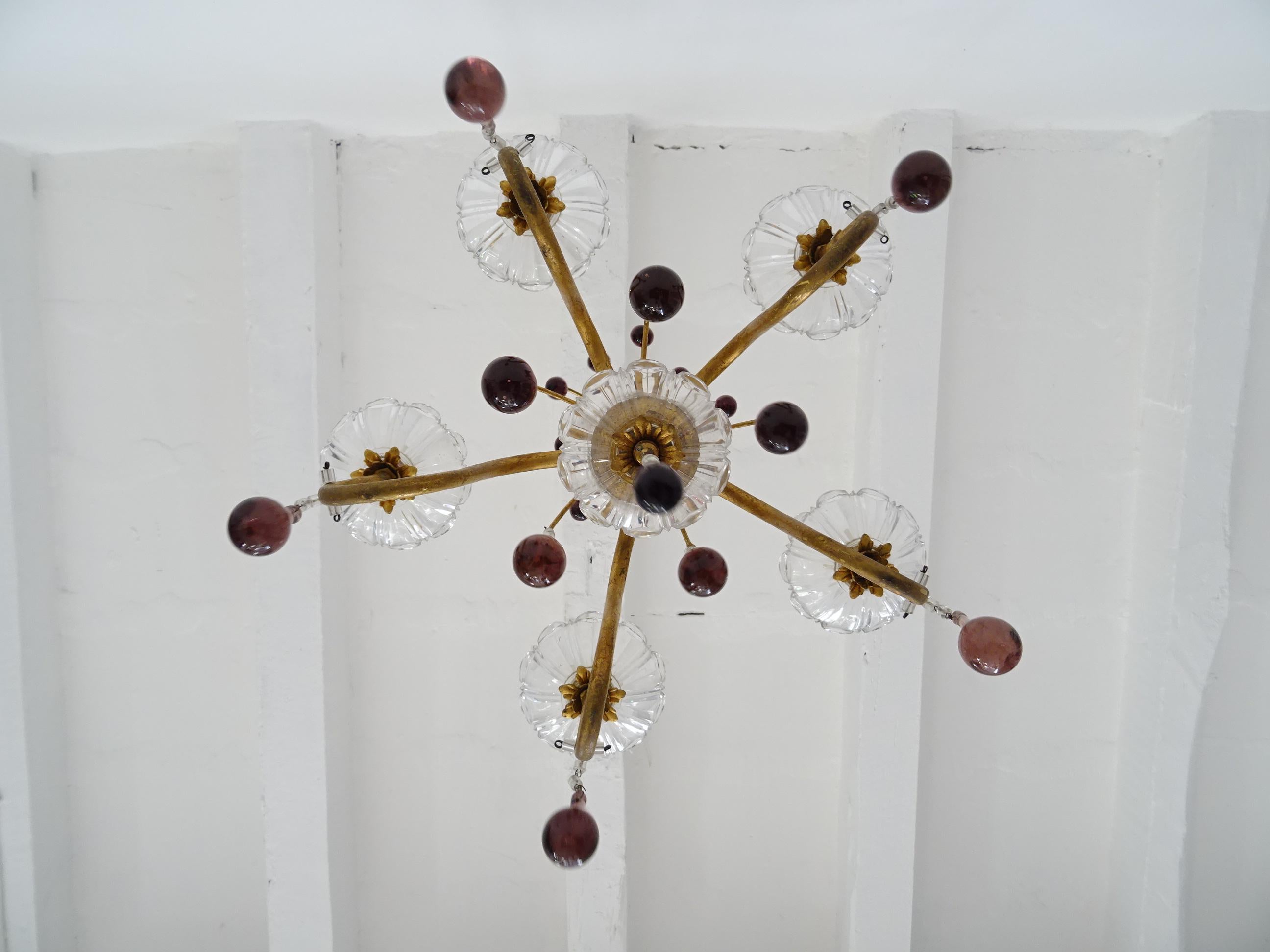 Baroque French Amethyst Murano Drops Crystal Bobeches Chandelier, c 1920 For Sale